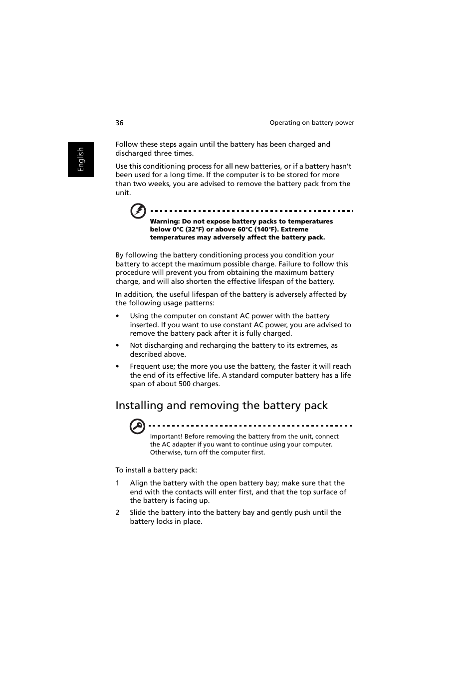 Installing and removing the battery pack | Acer Ferrari 3000 User Manual | Page 46 / 99