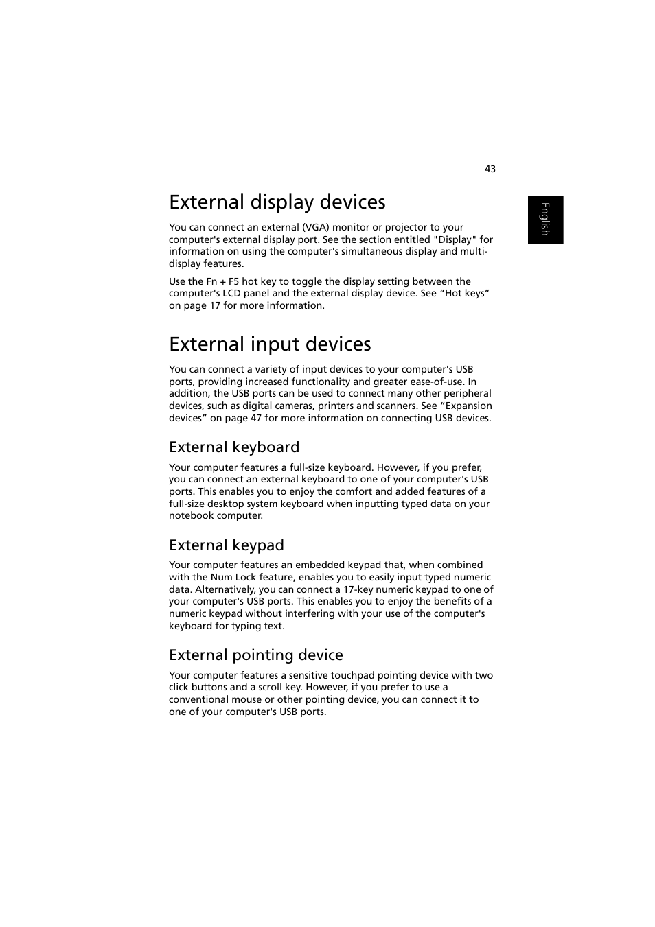 External display devices, External input devices, External keyboard | External keypad, External pointing device | Acer Ferrari 3000 User Manual | Page 53 / 99