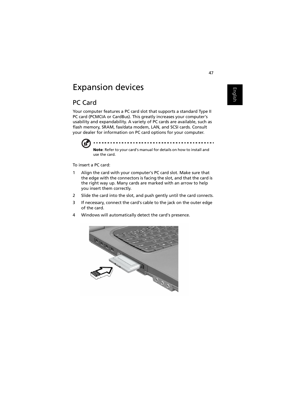 Expansion devices, Pc card | Acer Ferrari 3000 User Manual | Page 57 / 99