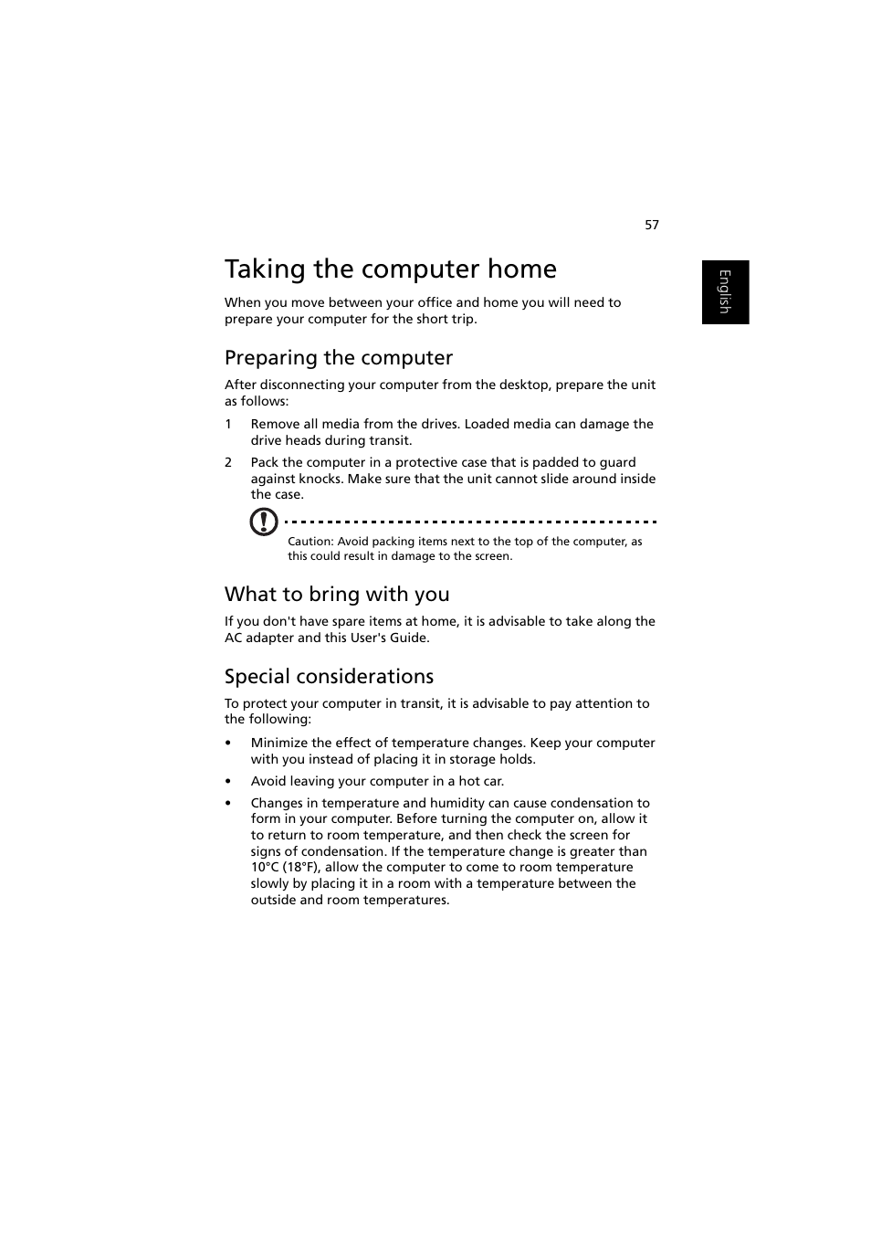 Taking the computer home, Preparing the computer, What to bring with you | Special considerations | Acer Ferrari 3000 User Manual | Page 67 / 99