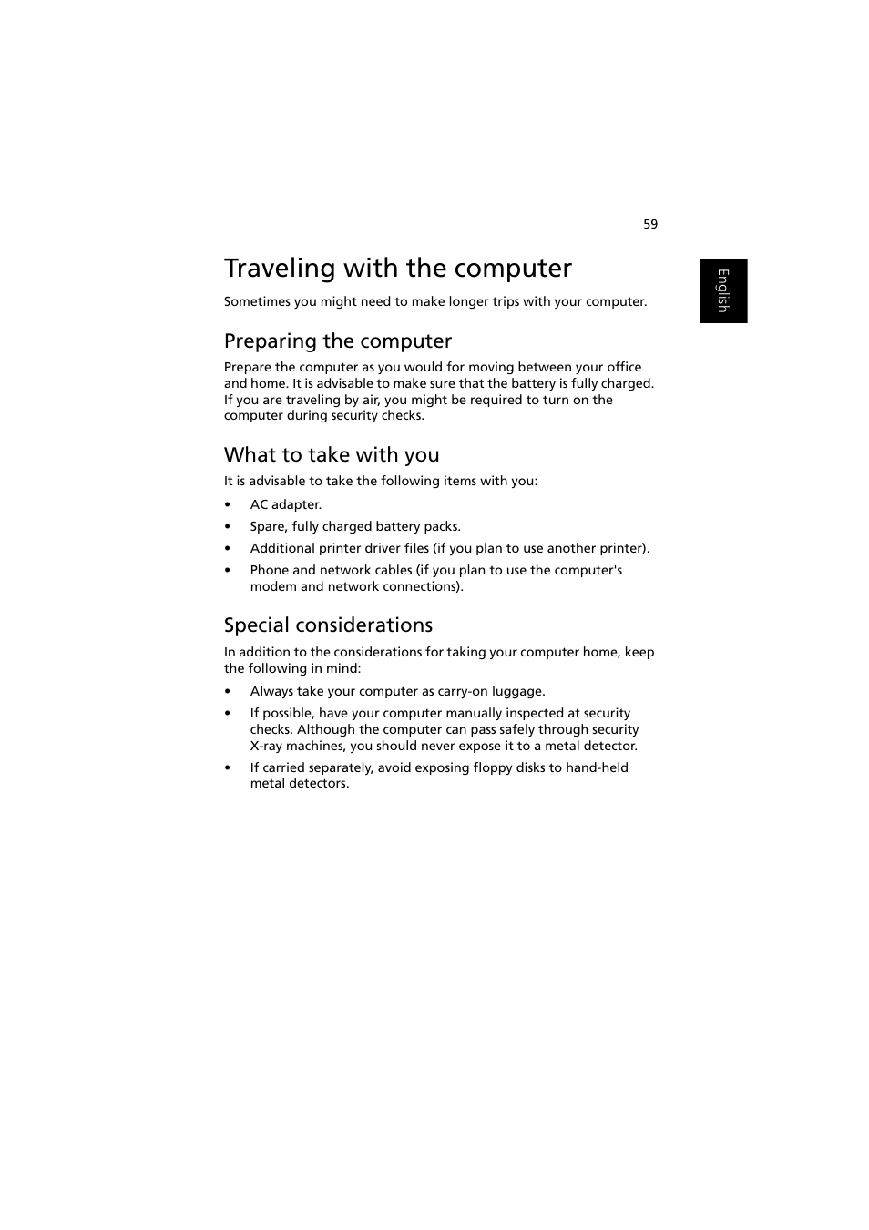 Traveling with the computer, Preparing the computer, What to take with you | Special considerations | Acer Ferrari 3000 User Manual | Page 69 / 99