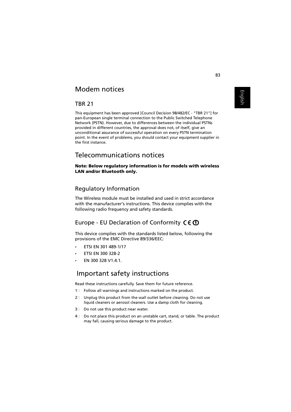 Modem notices, Telecommunications notices, Important safety instructions | Tbr 21, Regulatory information, Europe - eu declaration of conformity | Acer Ferrari 3000 User Manual | Page 93 / 99