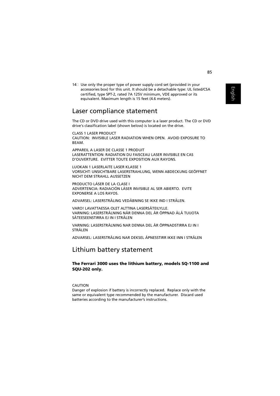 Laser compliance statement, Lithium battery statement | Acer Ferrari 3000 User Manual | Page 95 / 99