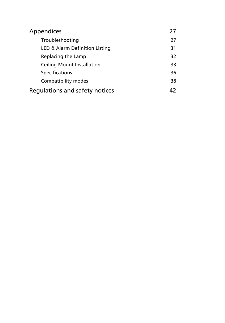 Appendices 27, Regulations and safety notices 42 | Acer P1266i User Manual | Page 12 / 58