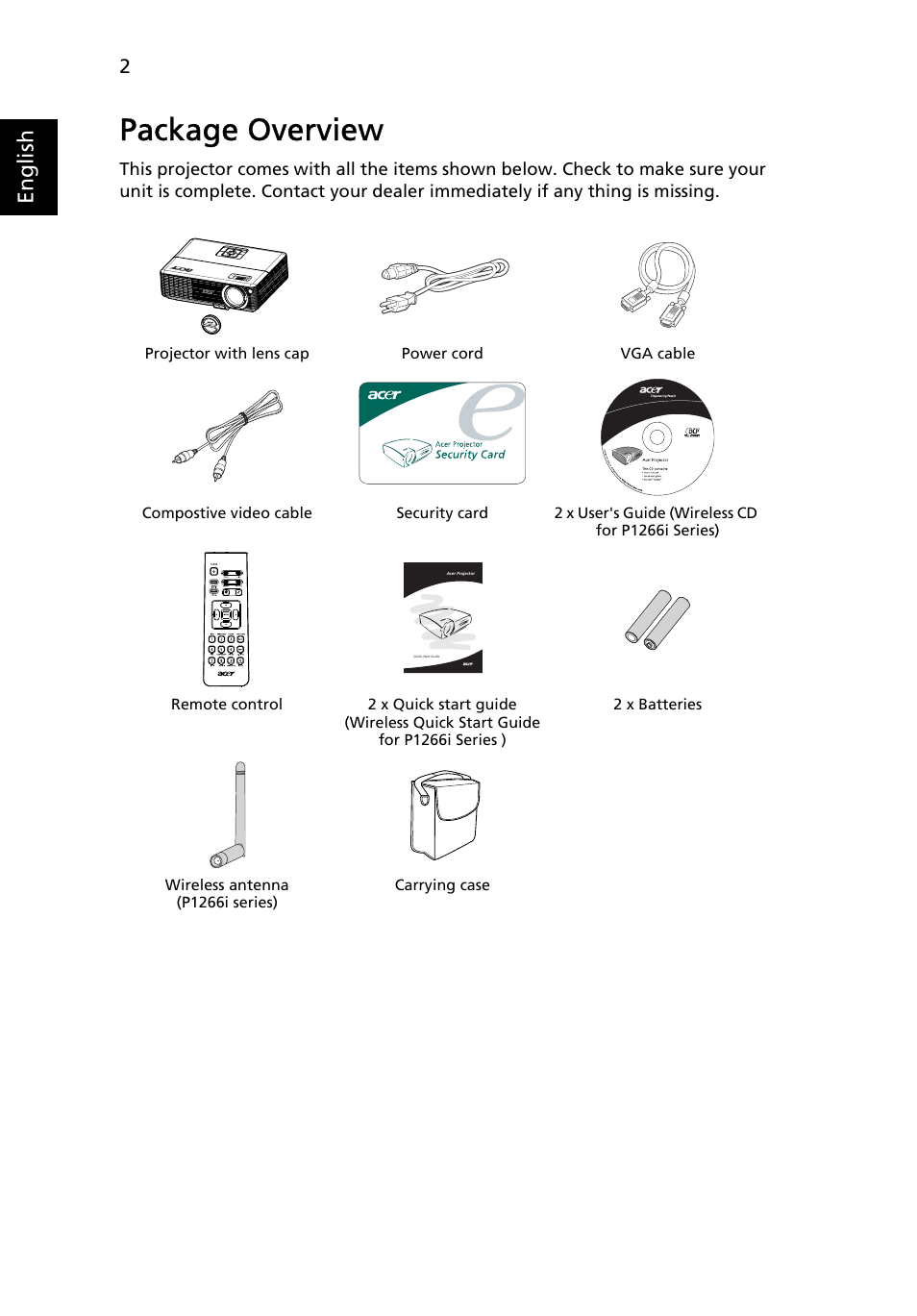 Package overview, English | Acer P1266i User Manual | Page 14 / 58