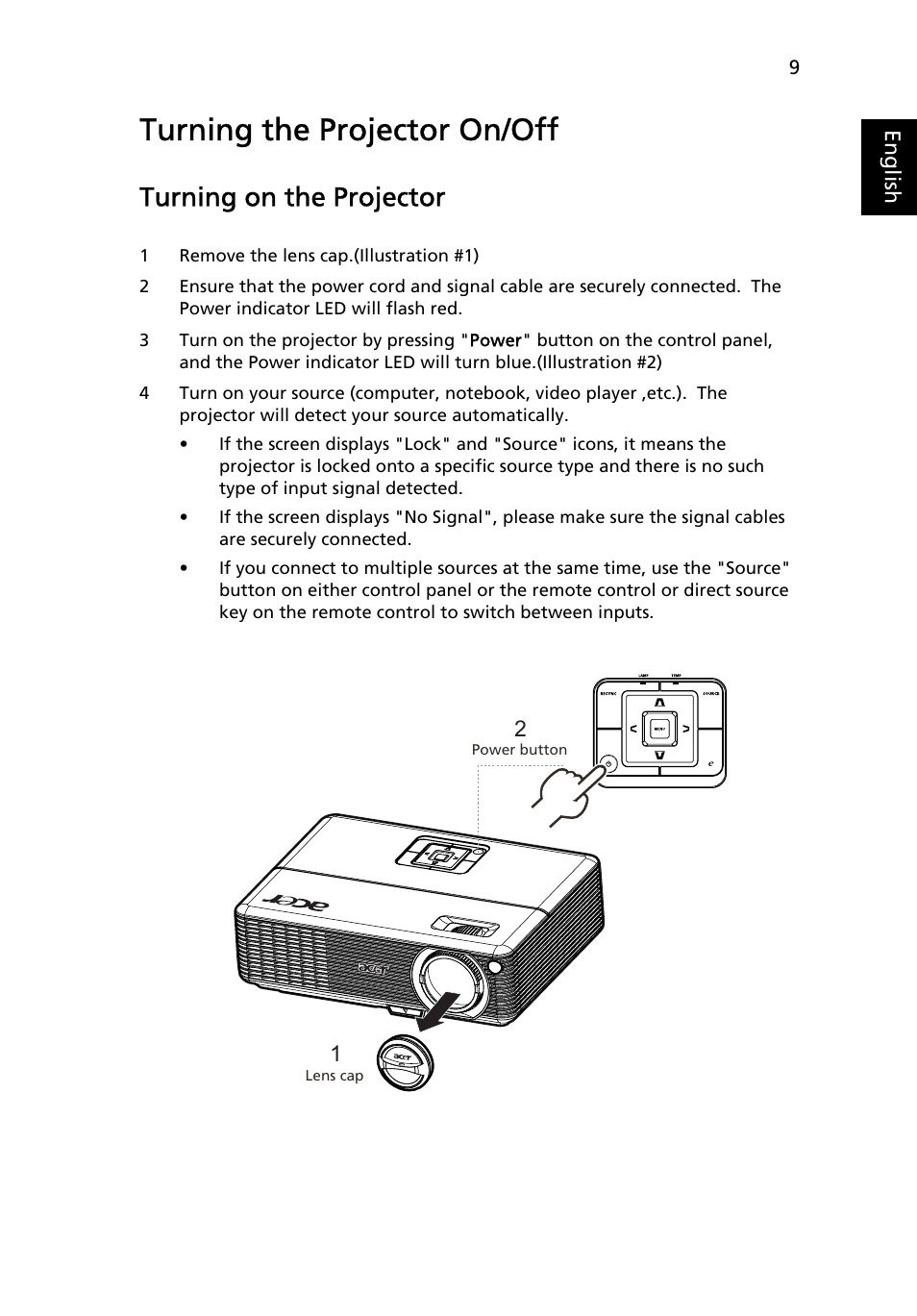 Turning the projector on/off, Turning on the projector | Acer P1266i User Manual | Page 21 / 58