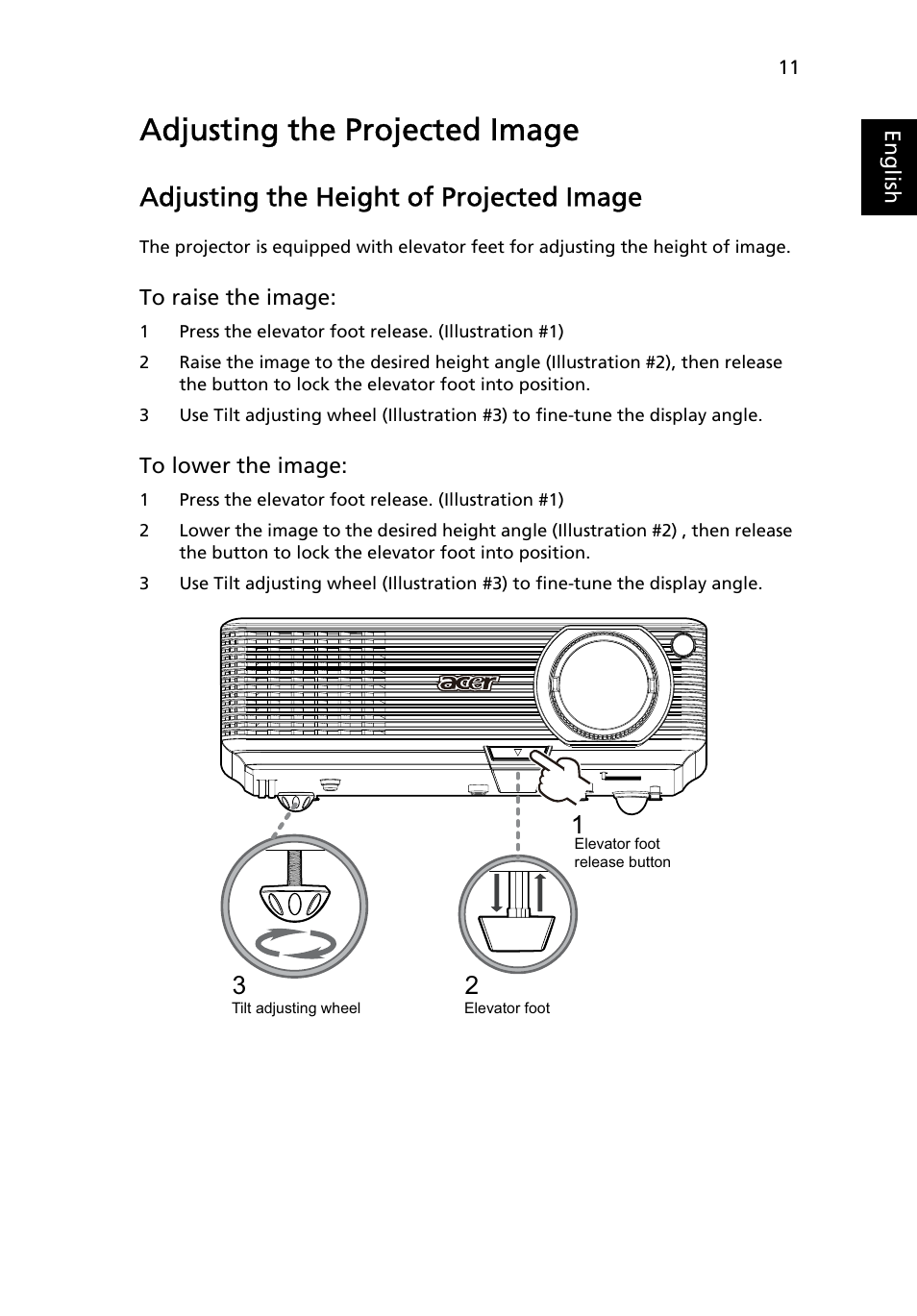 Adjusting the projected image, Adjusting the height of projected image | Acer P1266i User Manual | Page 23 / 58