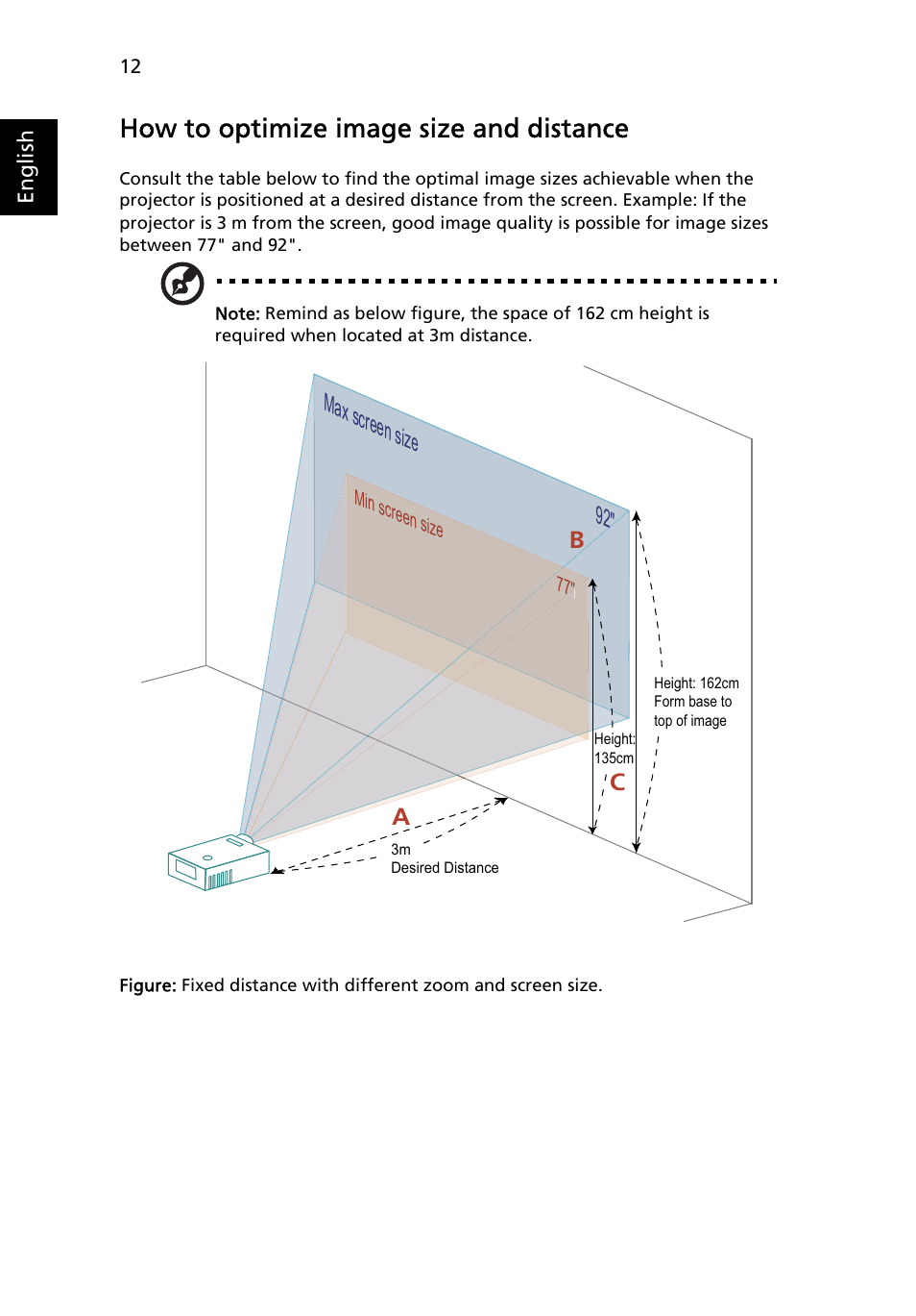 How to optimize image size and distance, Max screen size 92 | Acer P1266i User Manual | Page 24 / 58