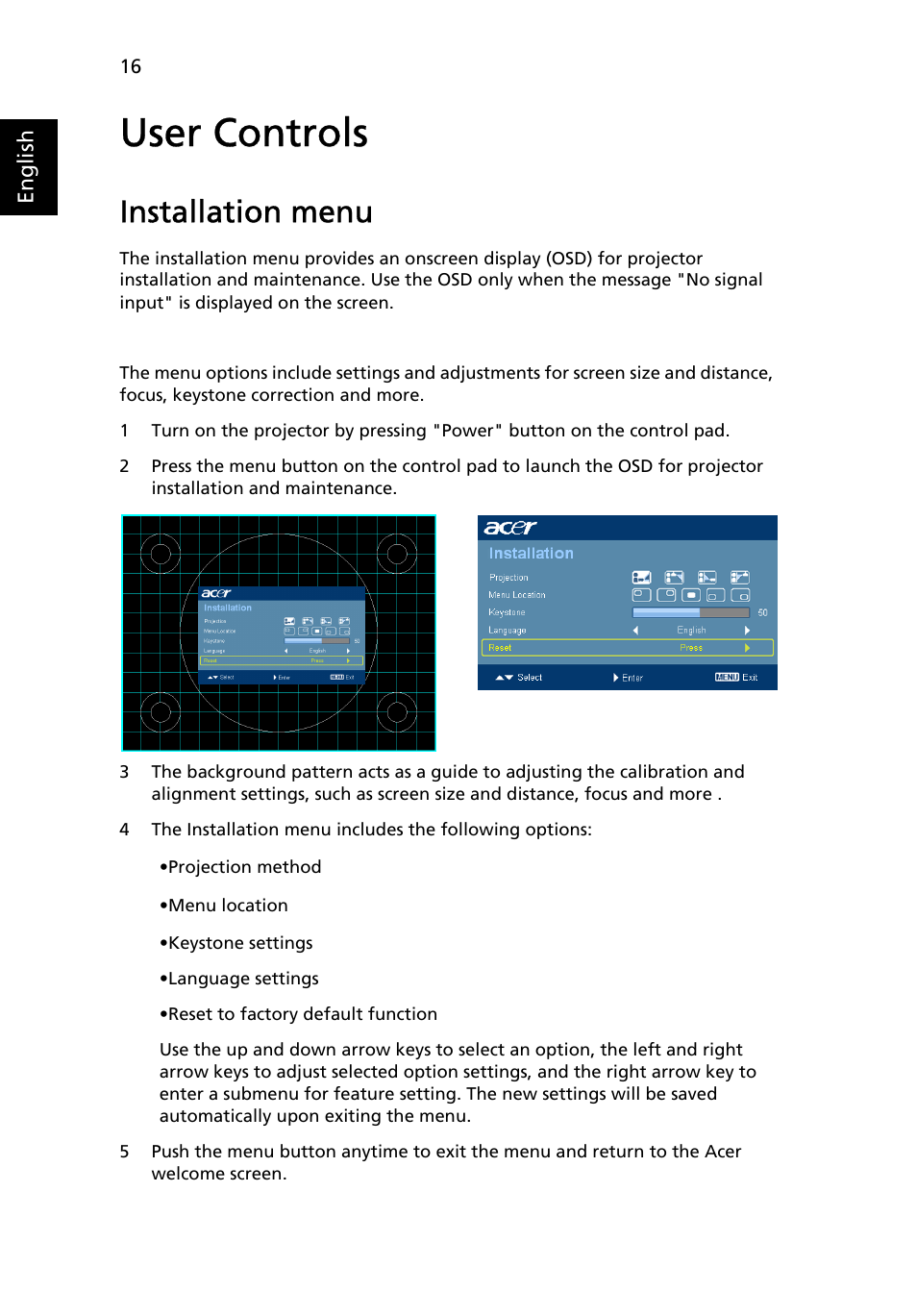 User controls, Installation menu | Acer P1266i User Manual | Page 28 / 58