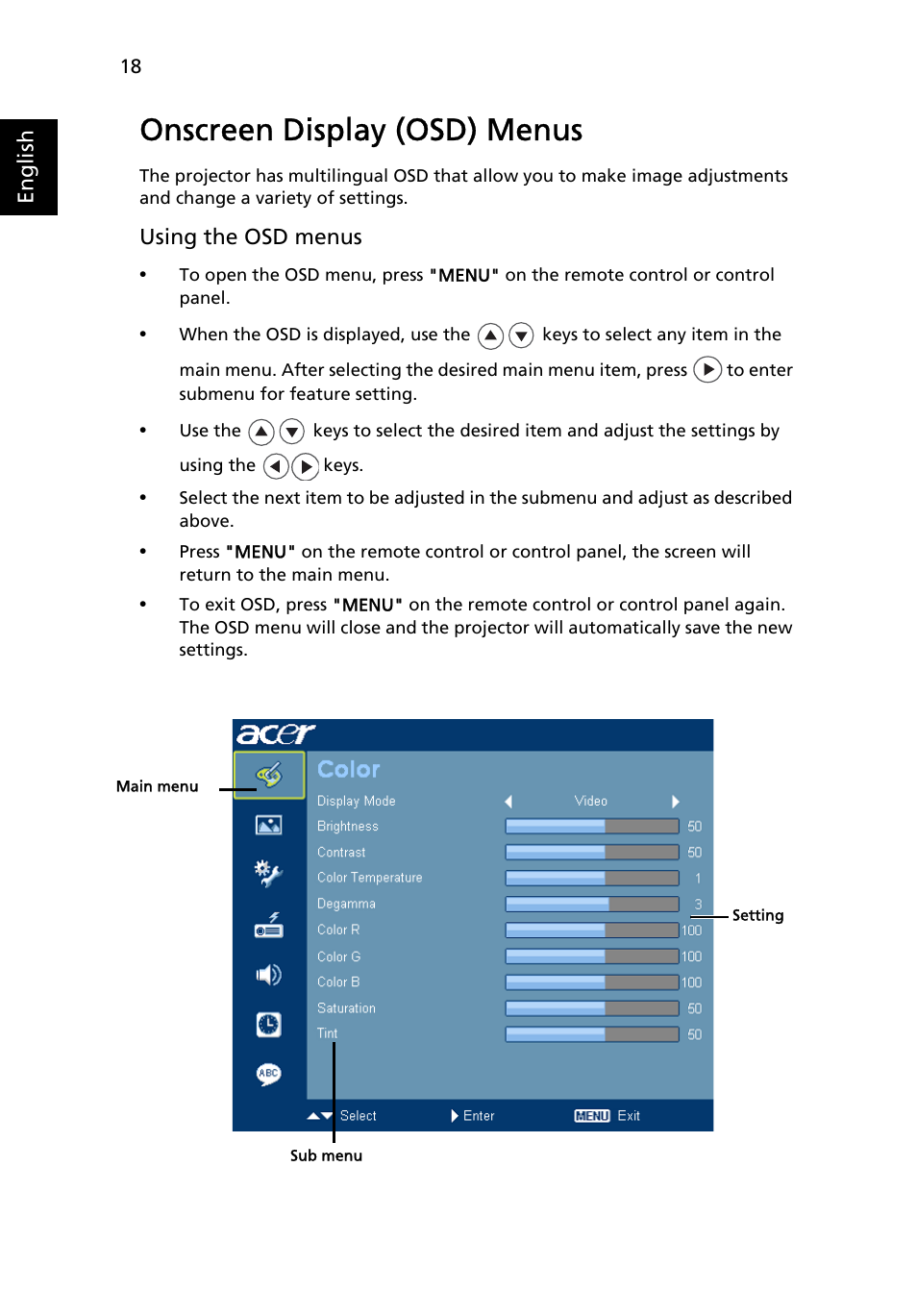 Onscreen display (osd) menus | Acer P1266i User Manual | Page 30 / 58