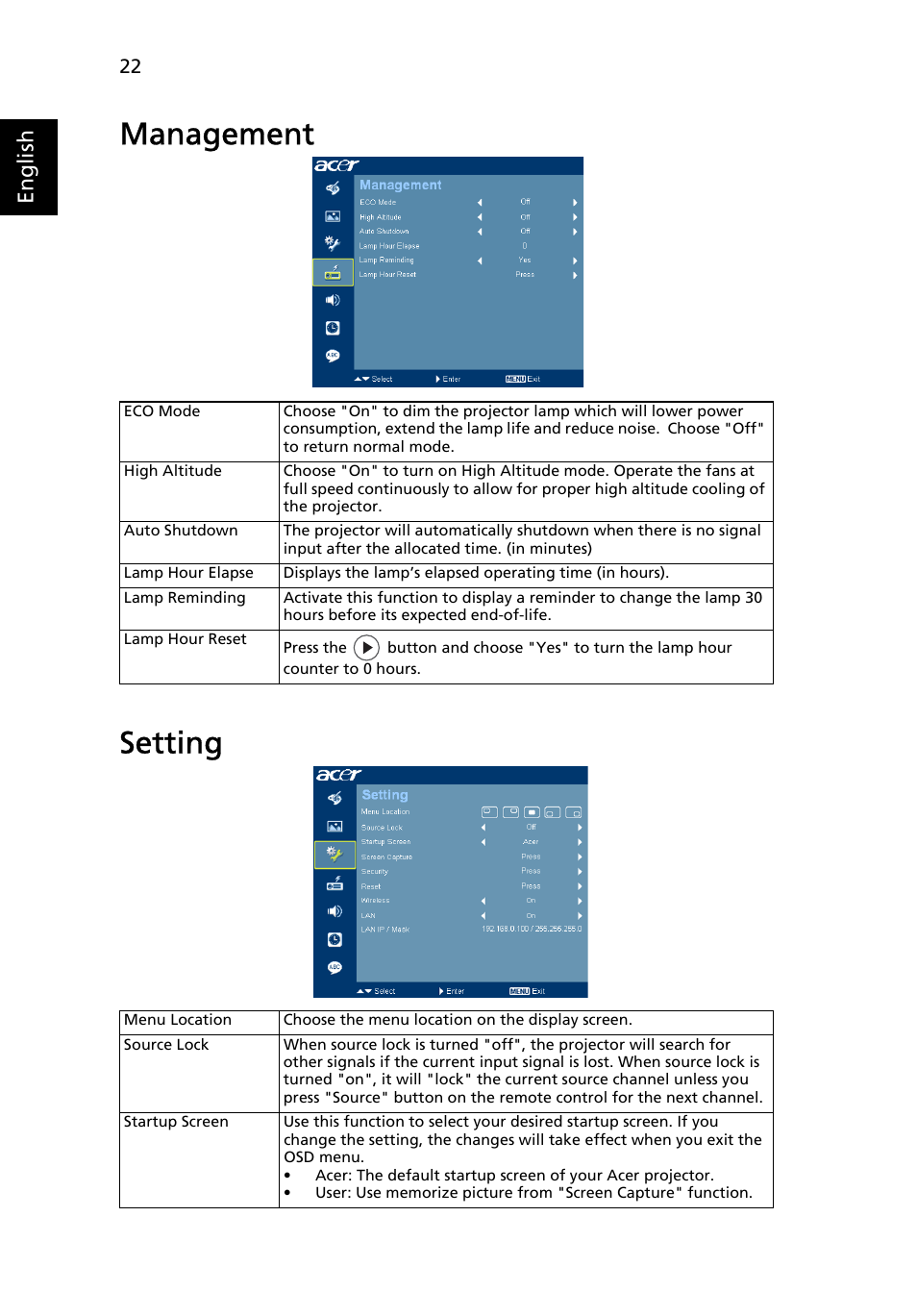 Management, Setting, Management setting | English | Acer P1266i User Manual | Page 34 / 58