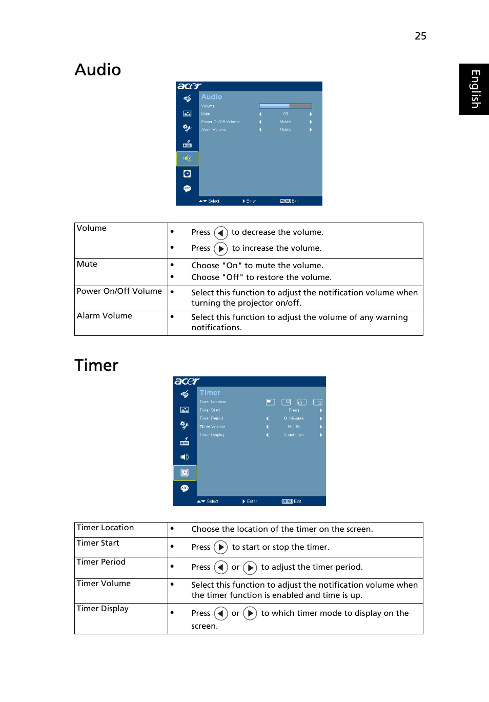 Audio, Timer, Audio timer | Eng lis h | Acer P1266i User Manual | Page 37 / 58