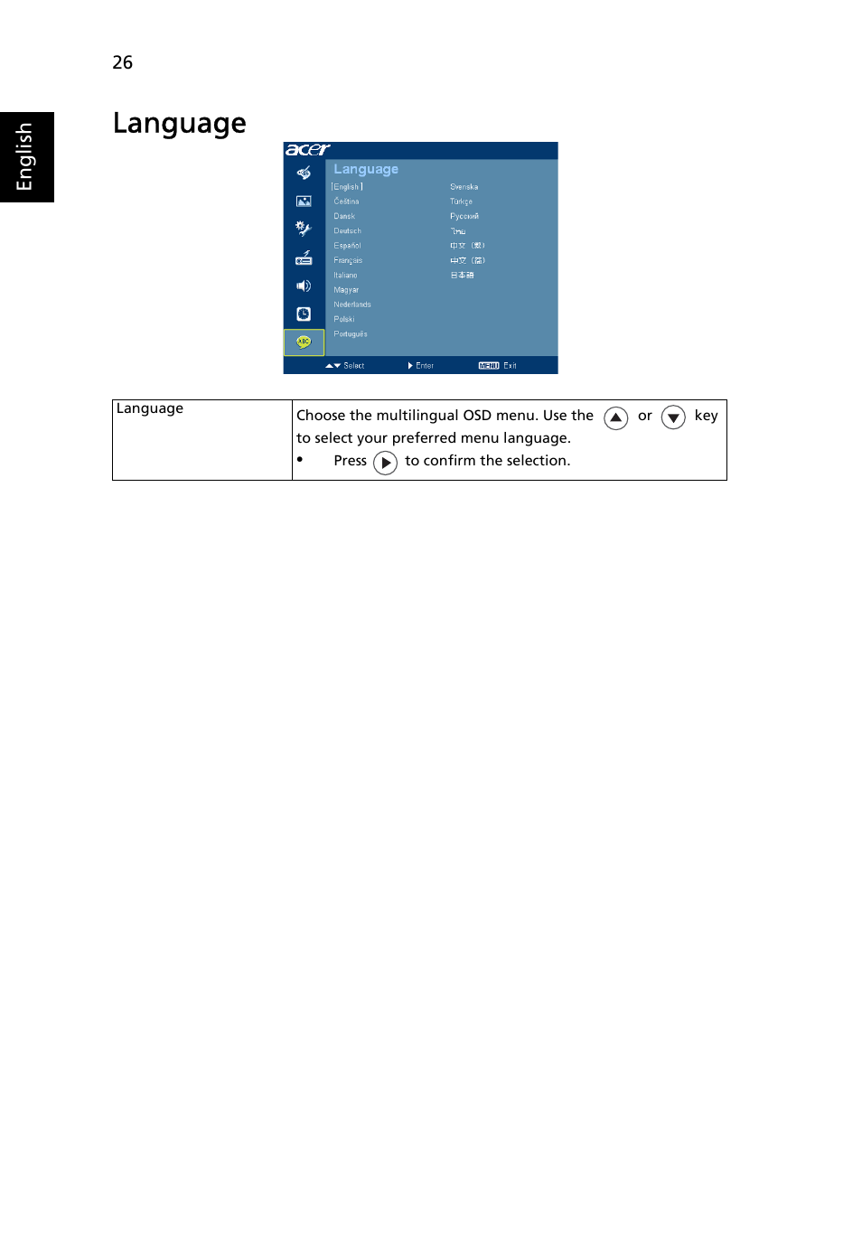 Language | Acer P1266i User Manual | Page 38 / 58