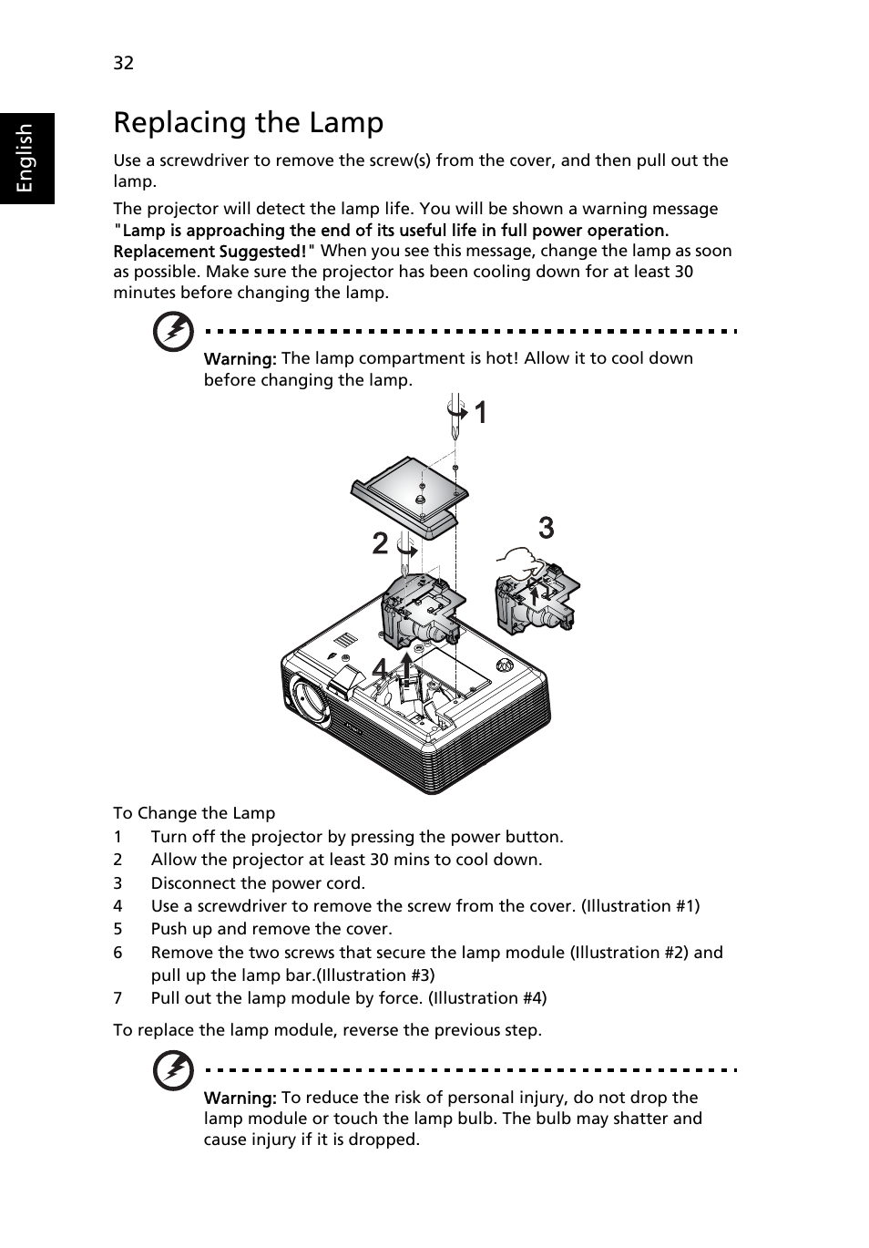 Replacing the lamp | Acer P1266i User Manual | Page 44 / 58