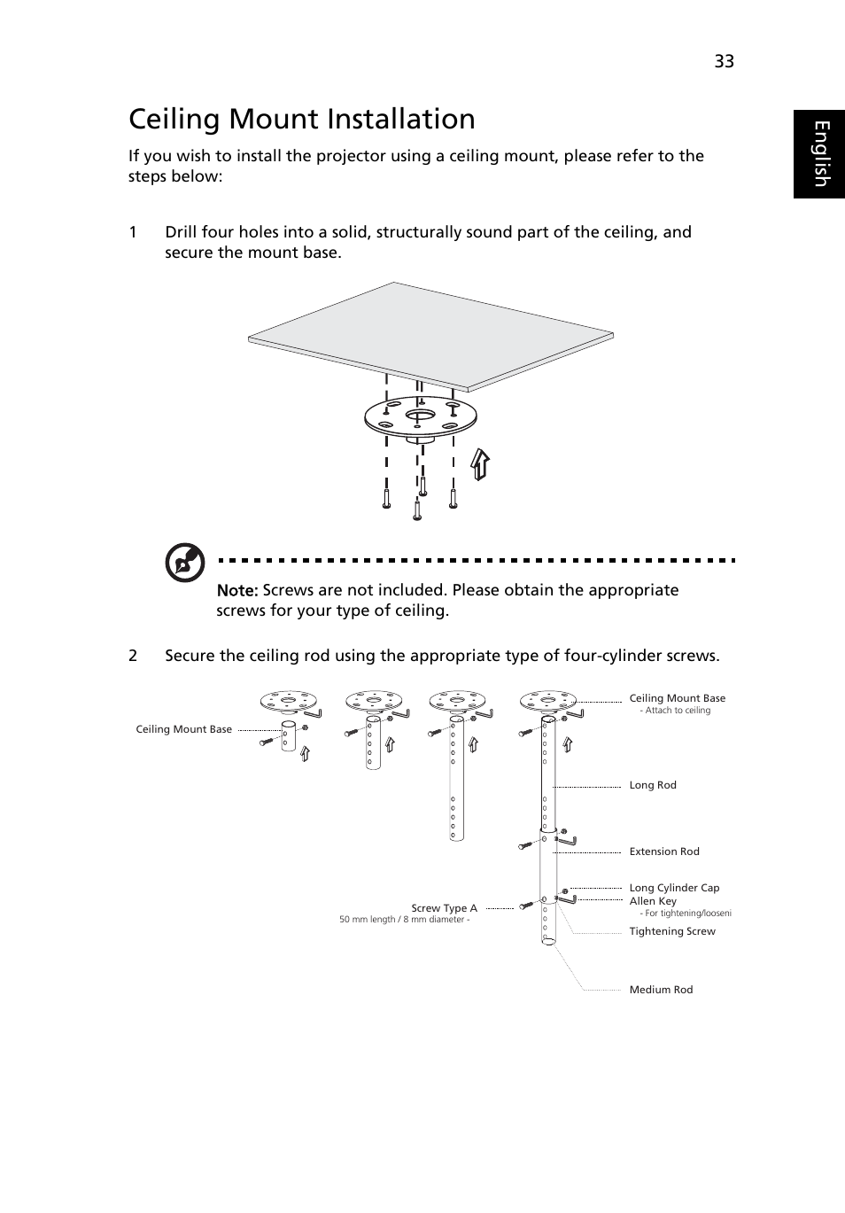 Ceiling mount installation, Eng lis h | Acer P1266i User Manual | Page 45 / 58