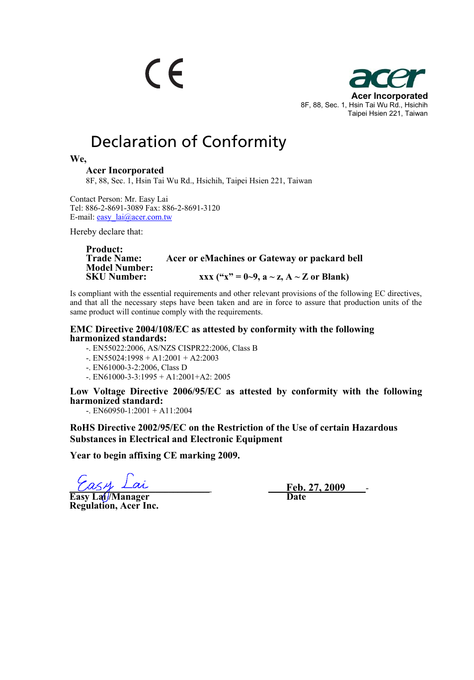 Declaration of conformity | Acer X203H User Manual | Page 10 / 28