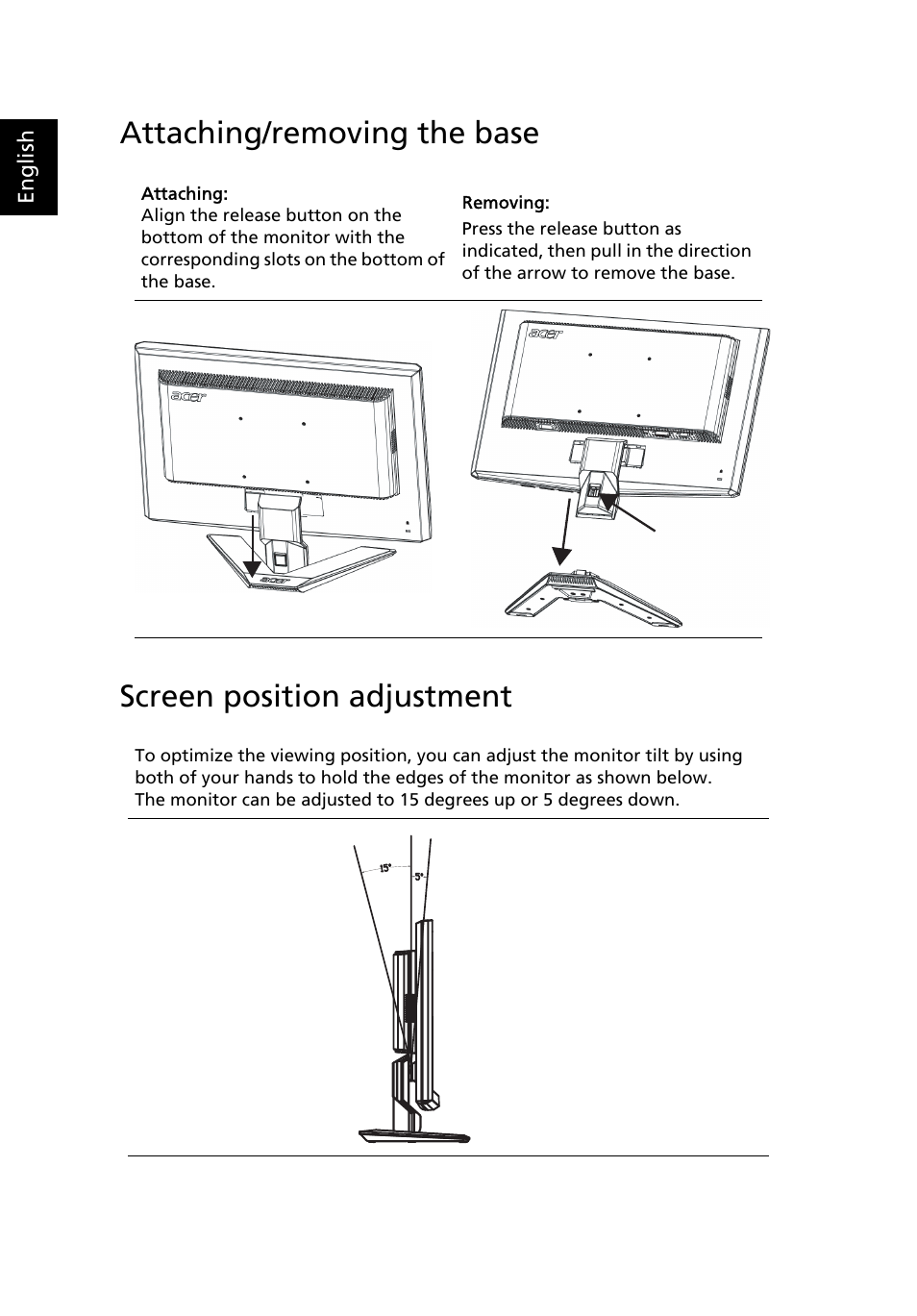 Attaching/removing the base, Screen position adjustment | Acer X203H User Manual | Page 16 / 28