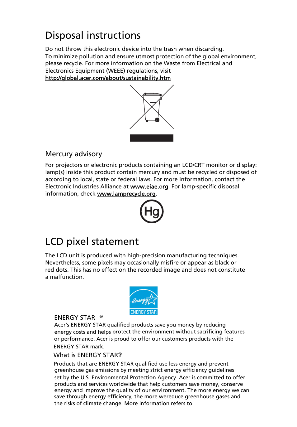Disposal instructions, Lcd pixel statement | Acer X203H User Manual | Page 7 / 28