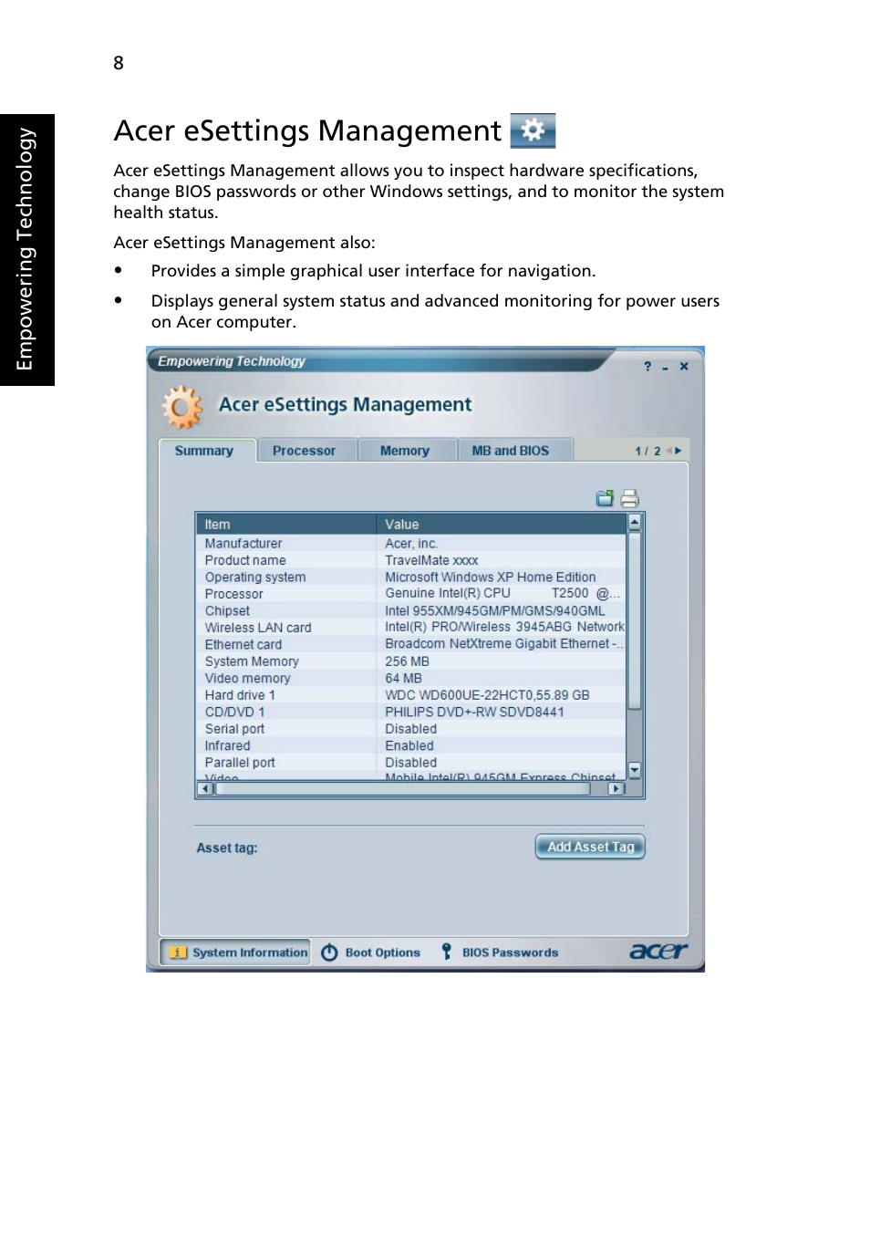 Acer esettings management | Acer Aspire 5600 User Manual | Page 22 / 103