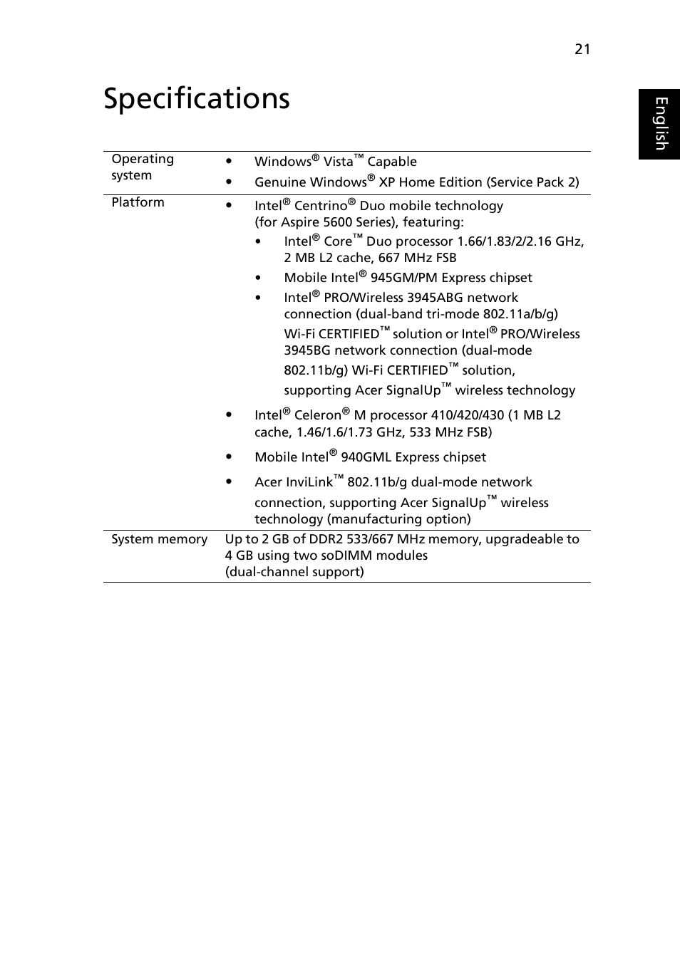 Specifications, Eng lis h | Acer Aspire 5600 User Manual | Page 35 / 103