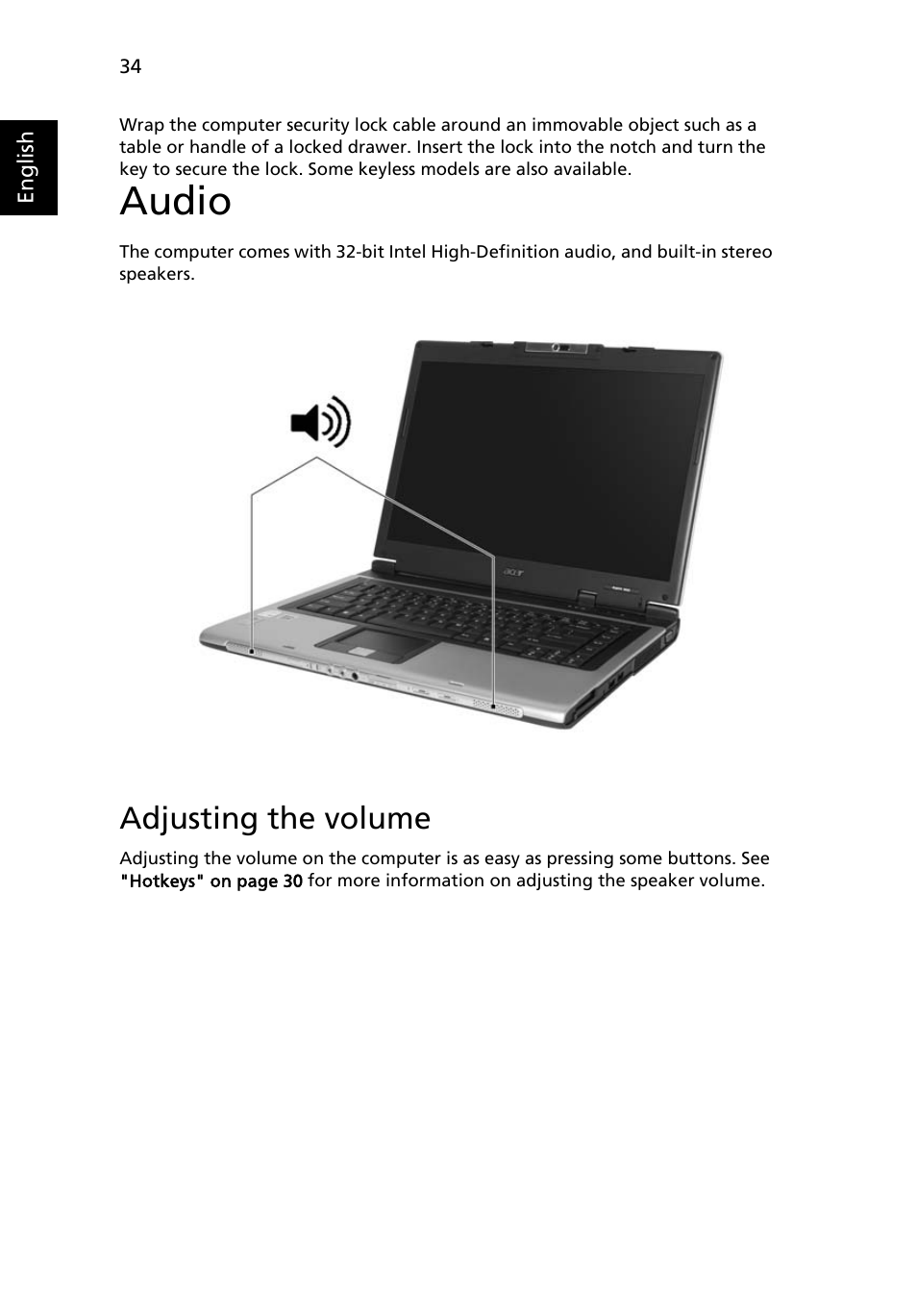 Audio, Adjusting the volume | Acer Aspire 5600 User Manual | Page 48 / 103