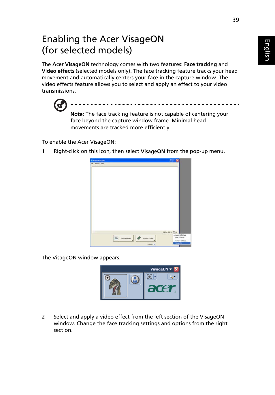 Enabling the acer visageon (for selected models), Enabling the acer visageon, For selected models) | Acer Aspire 5600 User Manual | Page 53 / 103