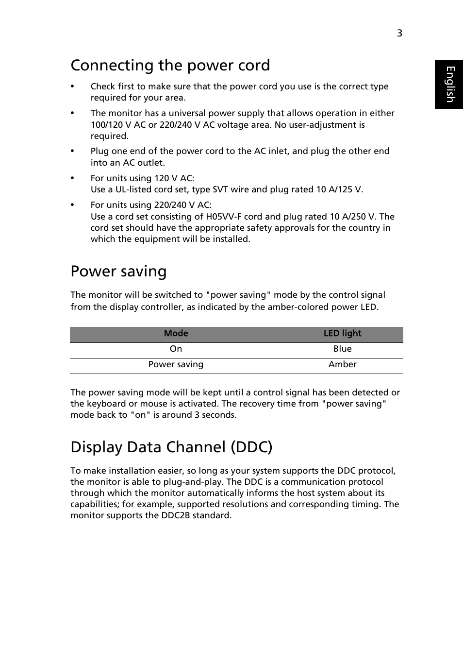Connecting the power cord, Power saving, Display data channel (ddc) | Acer V233H User Manual | Page 15 / 26