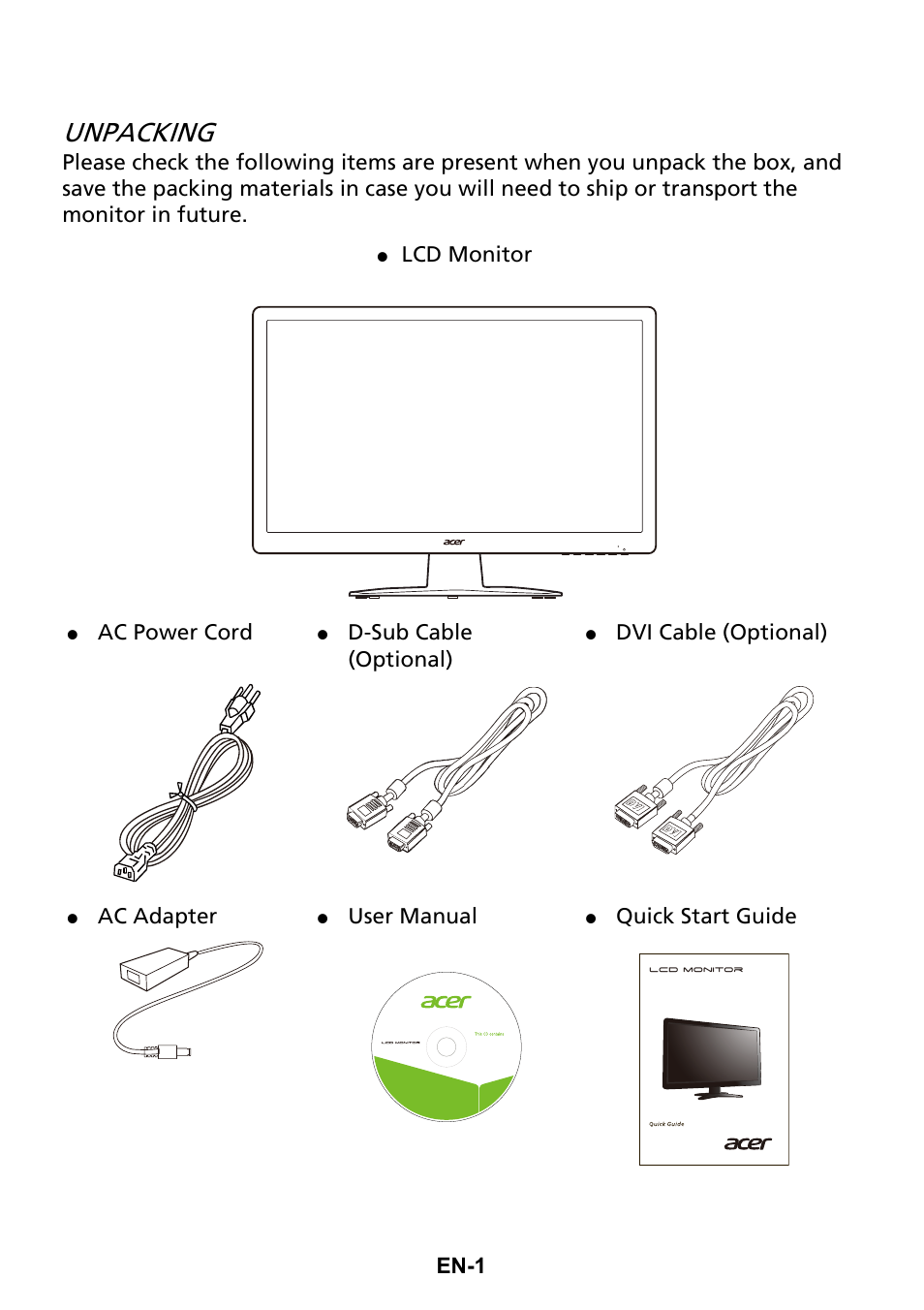 Unpacking, En-1, Lcd monitor | Ac power cord, D-sub cable (optional), Dvi cable (optional), Ac adapter, User manual, Quick start guide | Acer G206HQL User Manual | Page 10 / 28