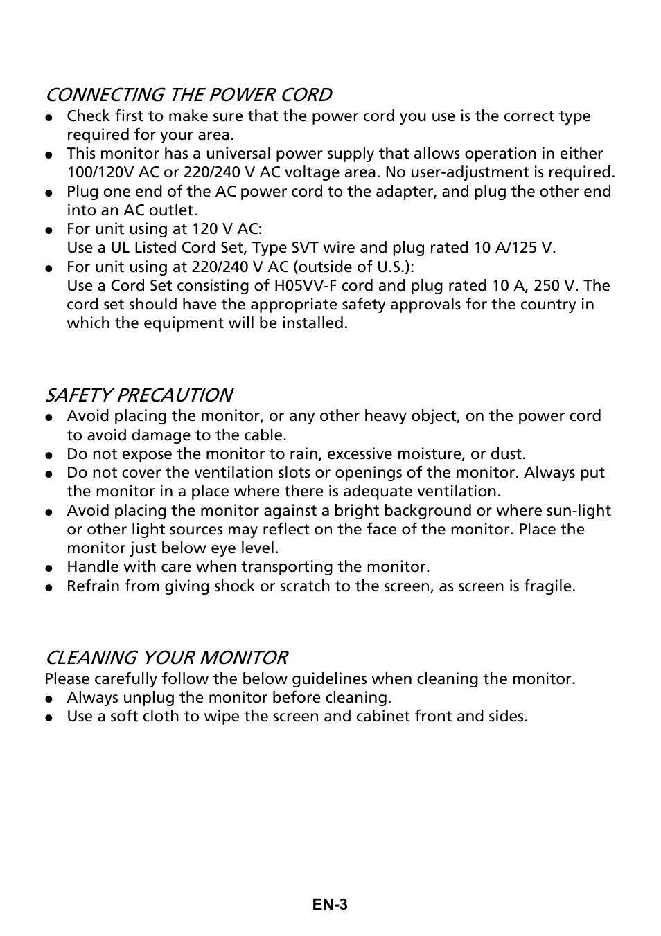 Connecting the power cord, Safety precaution, Cleaning your monitor | Acer G206HQL User Manual | Page 12 / 28