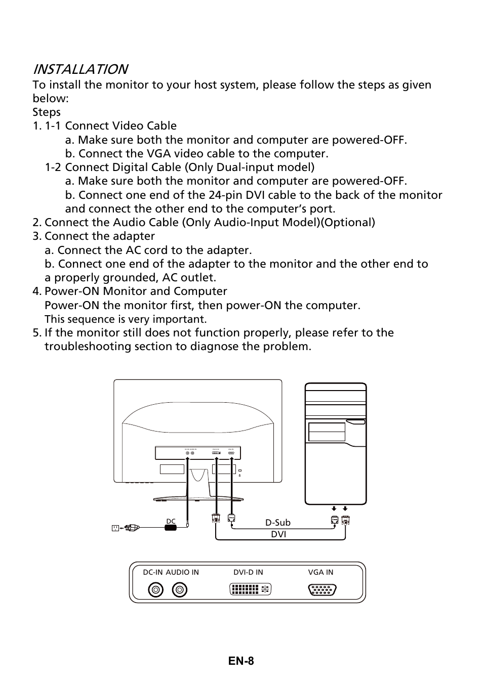 Installation, En-8 | Acer G206HQL User Manual | Page 17 / 28