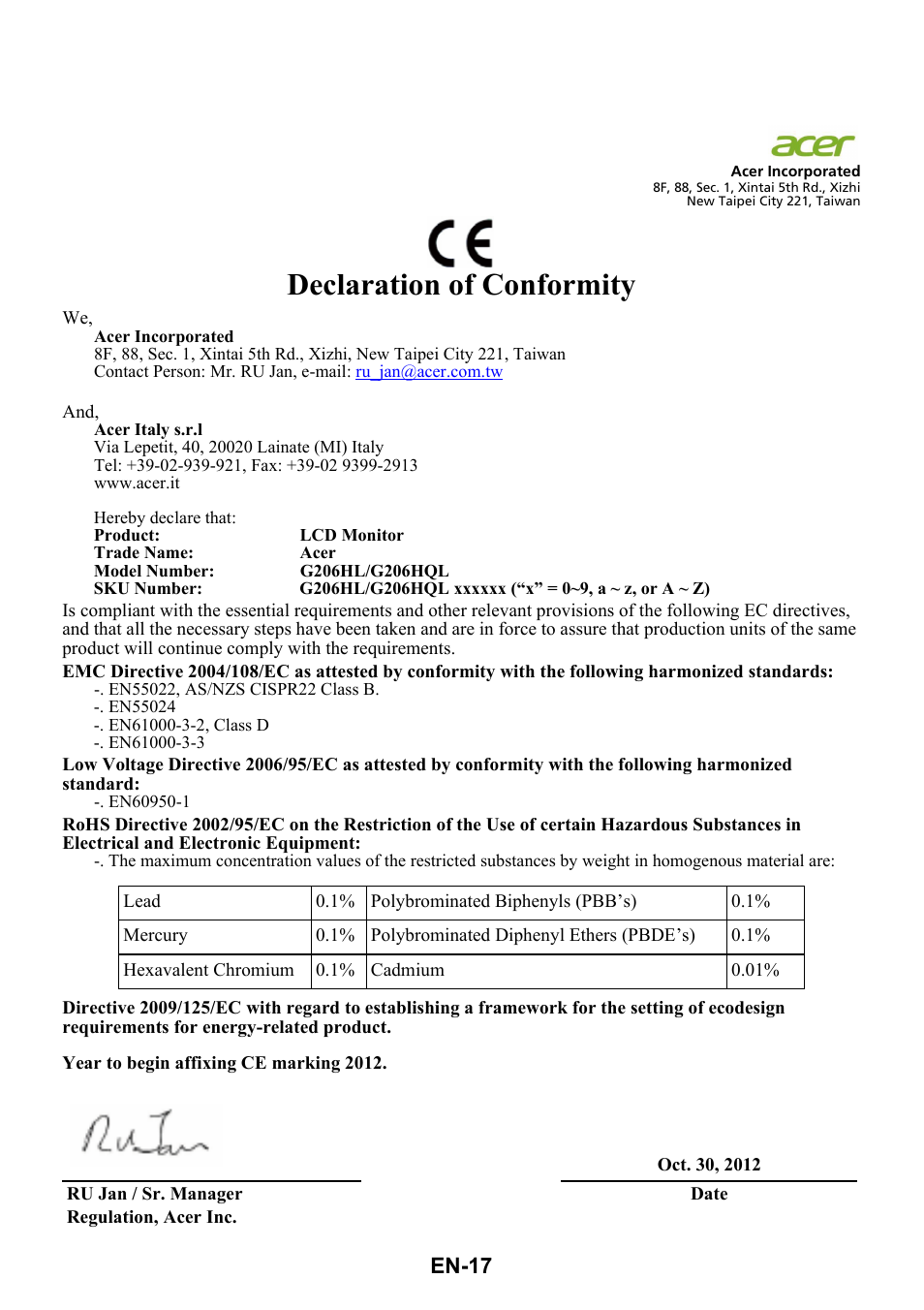 Declaration of conformity, En-17 | Acer G206HQL User Manual | Page 26 / 28