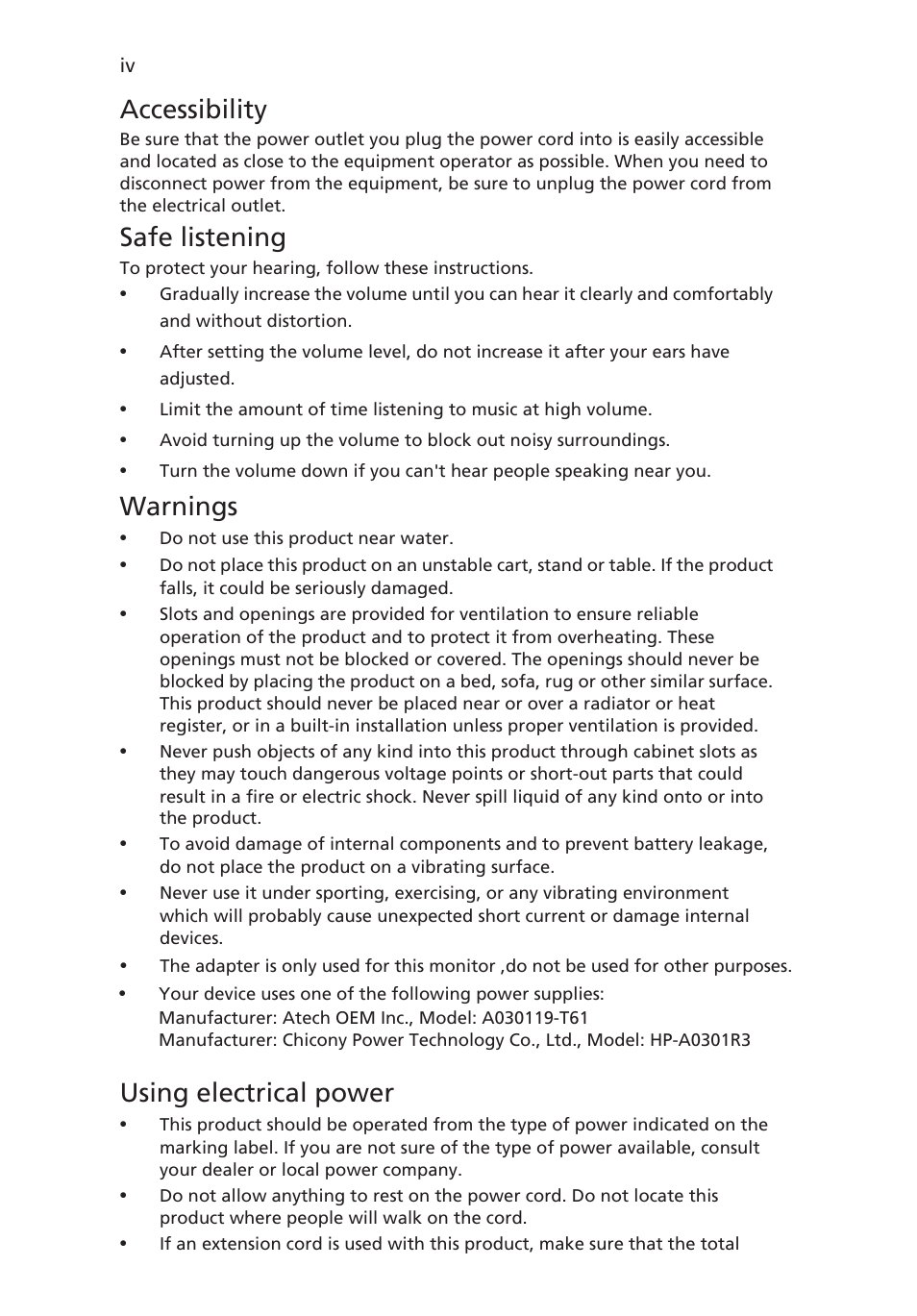 Accessibility, Safe listening, Warnings | Using electrical power | Acer G206HQL User Manual | Page 4 / 28