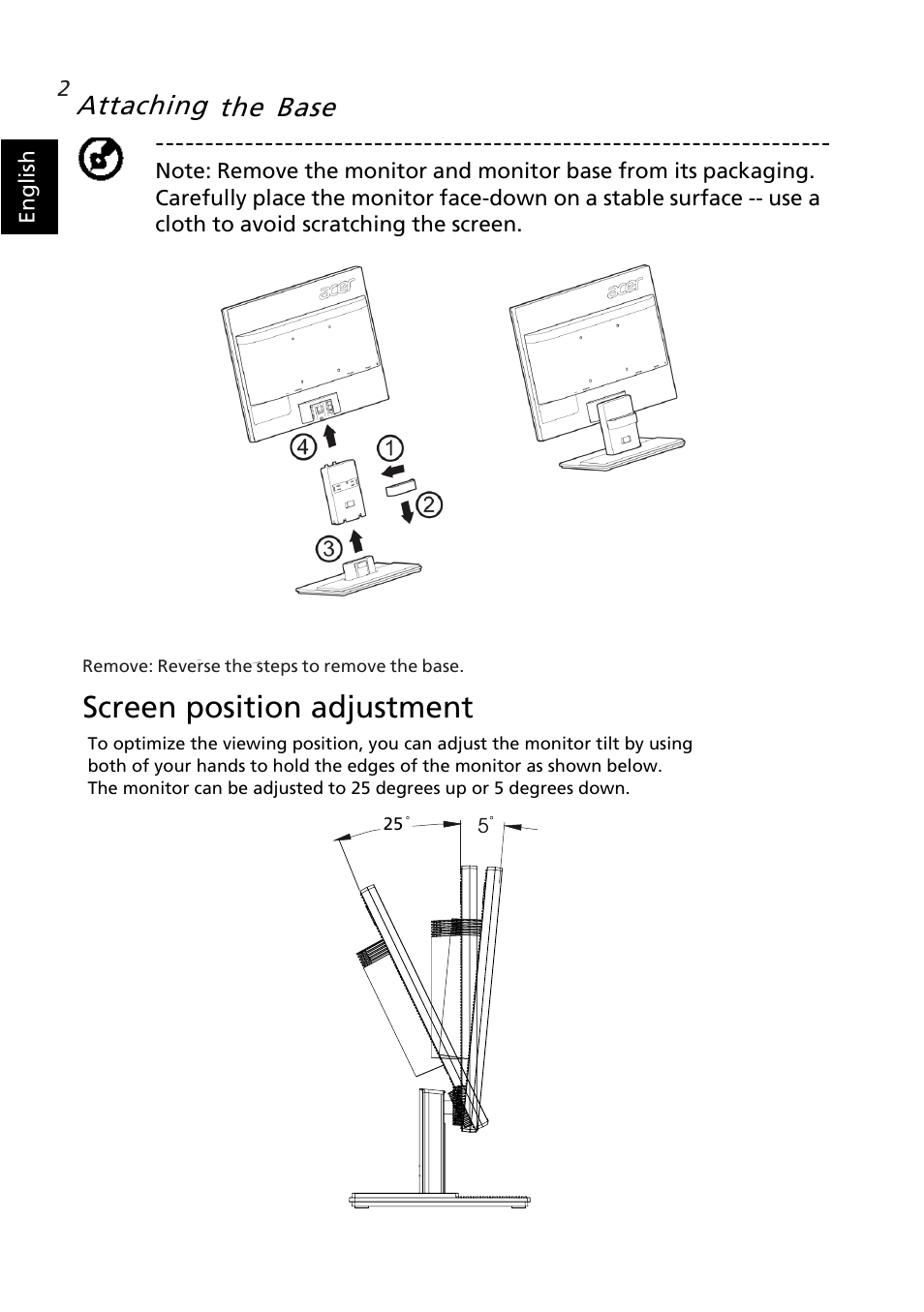 Screen position adjustment, Attaching the base | Acer V176L User Manual | Page 14 / 27