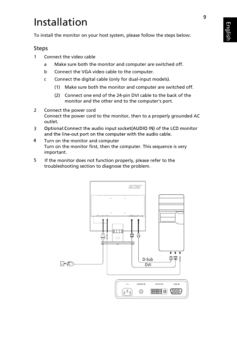 Installation, En g lis h, Steps | Acer V176L User Manual | Page 19 / 27