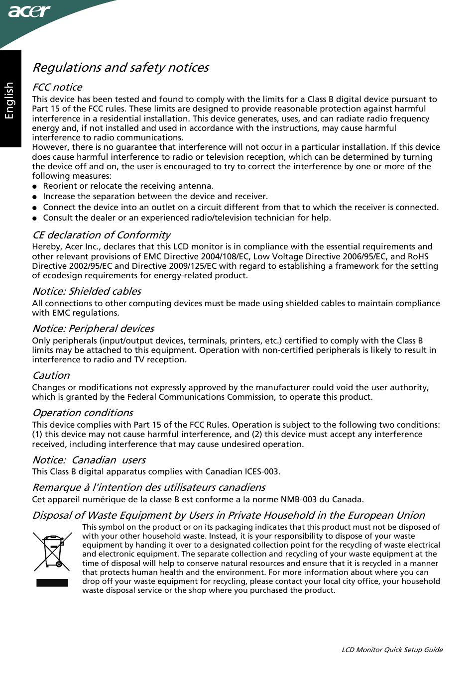 Regulations and safety notices, Eng lis h, Fcc notice | Ce declaration of conformity, Notice: shielded cables, Notice: peripheral devices, Caution, Operation conditions, Notice: canadian users, Remarque à l'intention des utilisateurs canadiens | Acer P246HL User Manual | Page 2 / 2