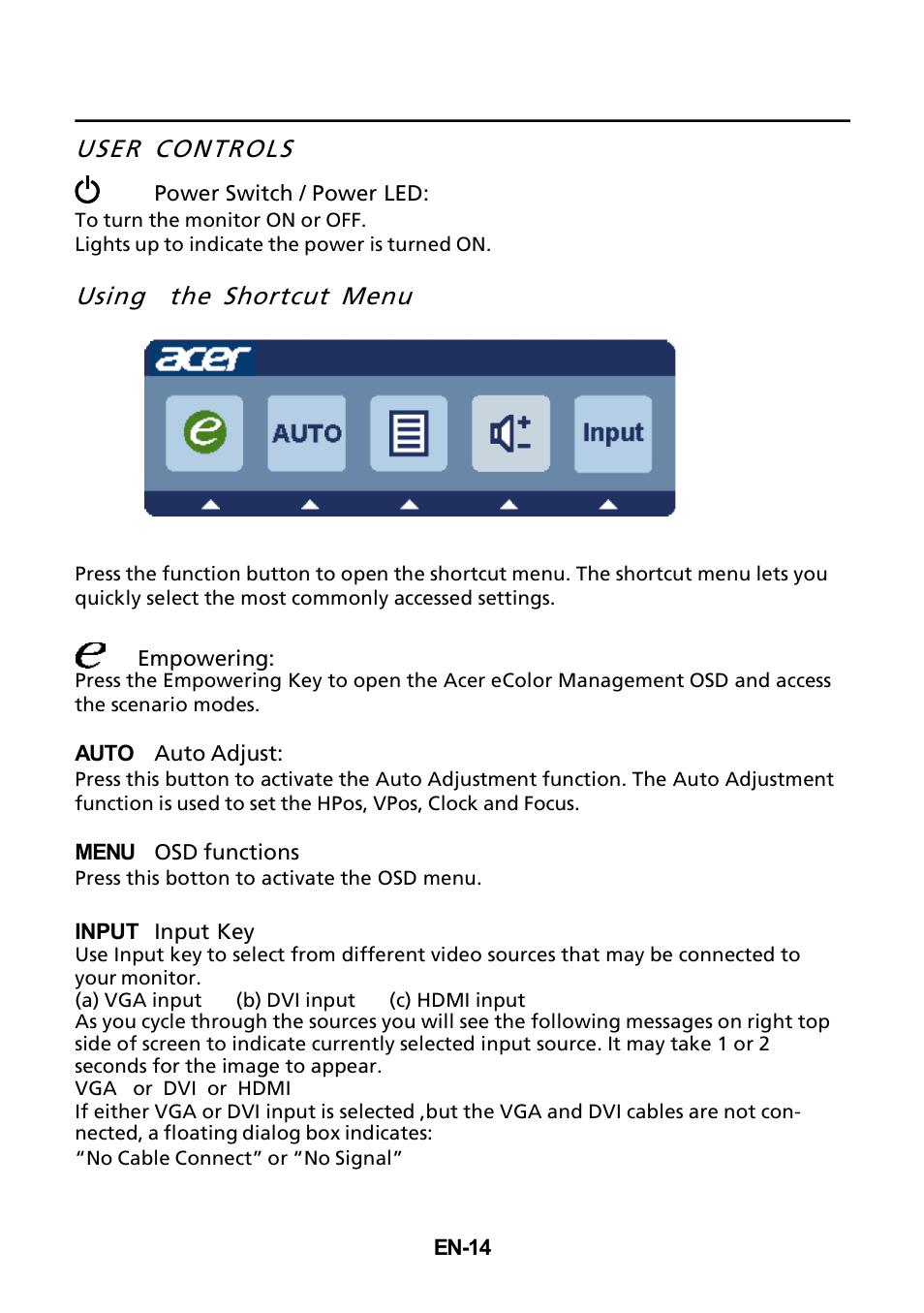 User controls, Using the shortcut menu | Acer B235HL User Manual | Page 15 / 25