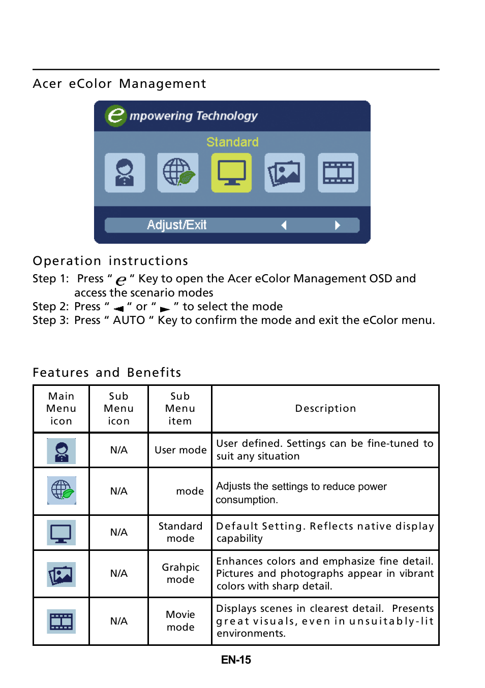 Acer ecolor management operation instructions, Features and benefits | Acer B235HL User Manual | Page 16 / 25