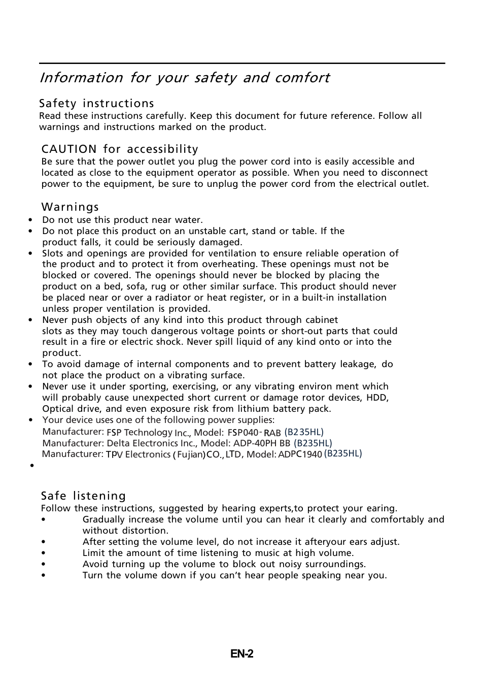 Information for your safety and, Comfort | Acer B235HL User Manual | Page 3 / 25