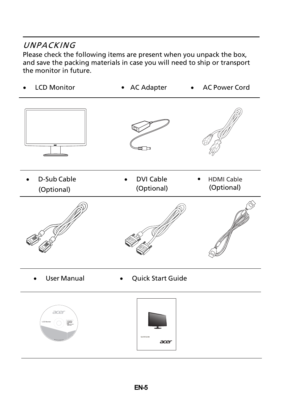 Unpacking | Acer B235HL User Manual | Page 6 / 25