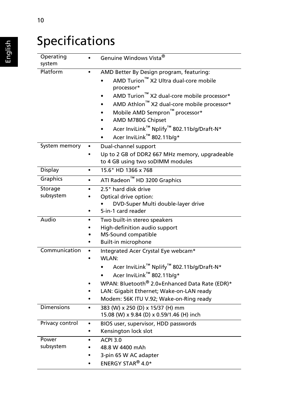 Specifications, English | Acer Aspire 5235 User Manual | Page 10 / 11