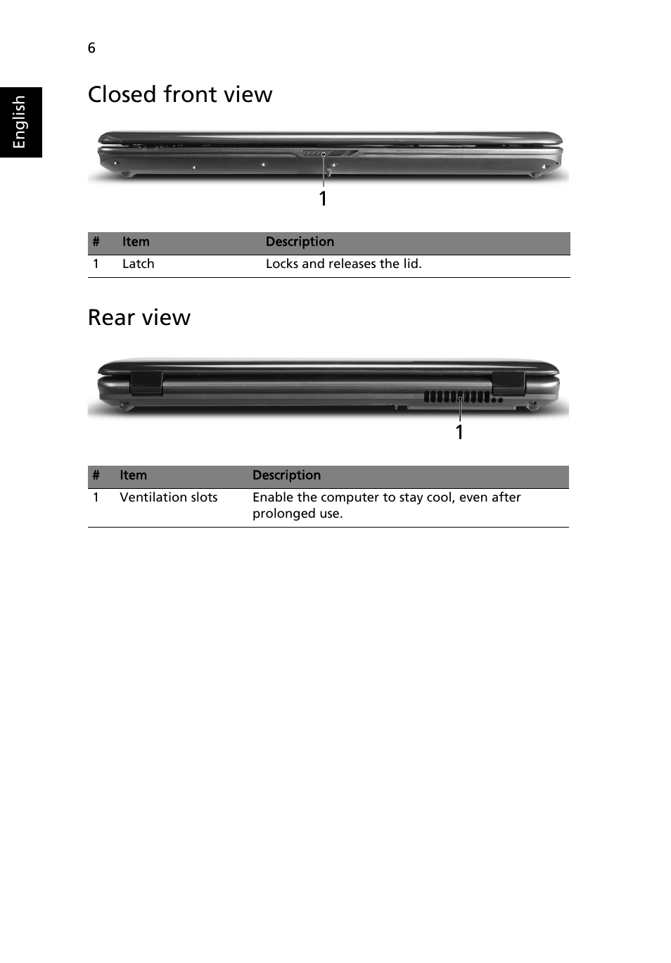 Closed front view, Rear view, Closed front view rear view | Acer Aspire 5235 User Manual | Page 6 / 11