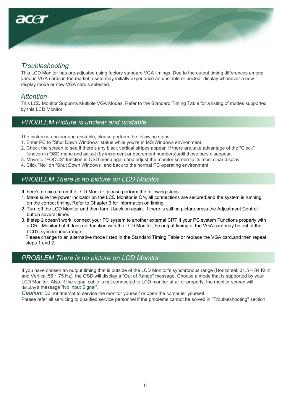 Attention | Acer AL2016W User Manual | Page 12 / 12