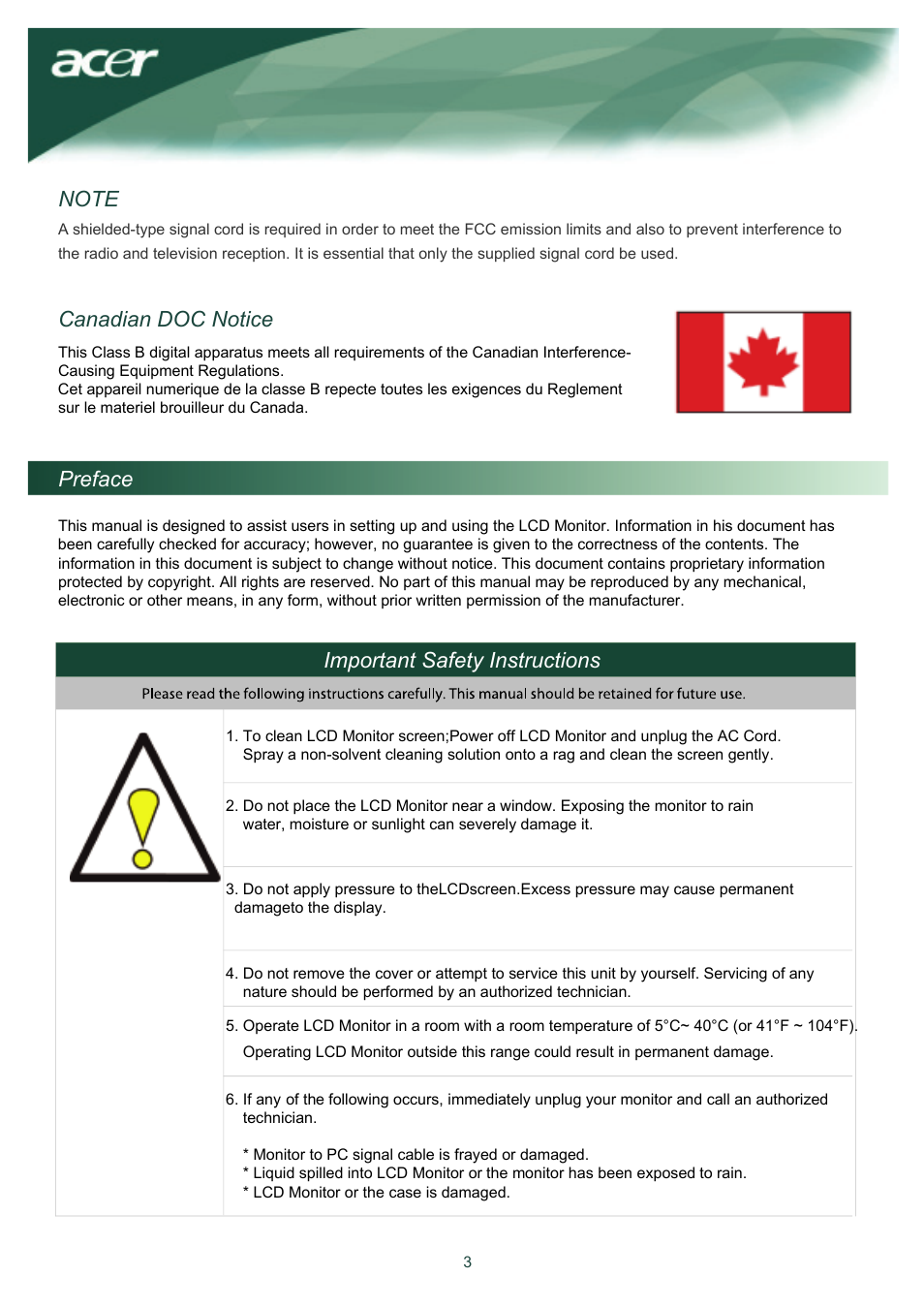 Canadian doc notice, Preface important safety instructions | Acer AL2016W User Manual | Page 4 / 12