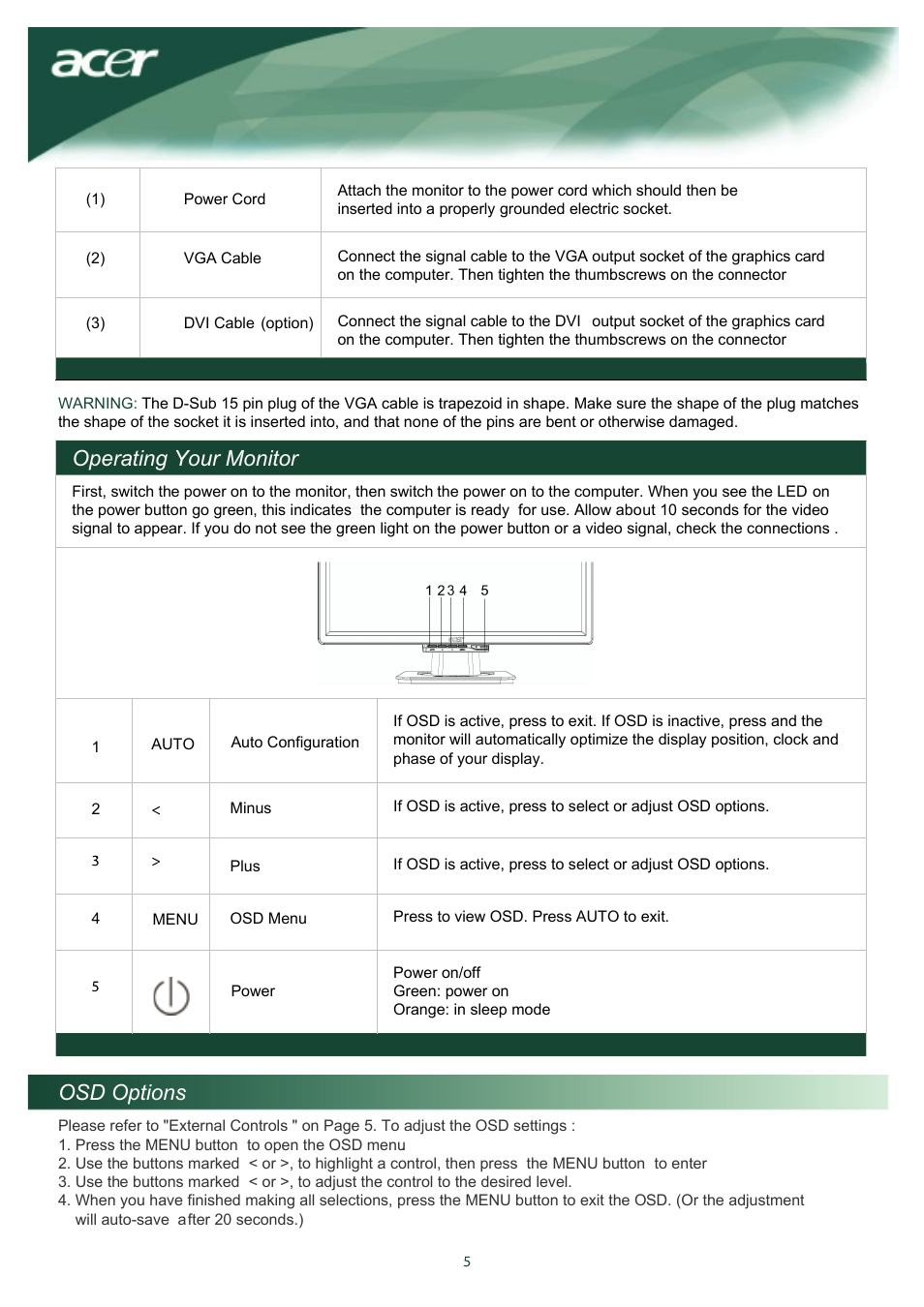 Operating your monitor, Osd options | Acer AL2016W User Manual | Page 6 / 12