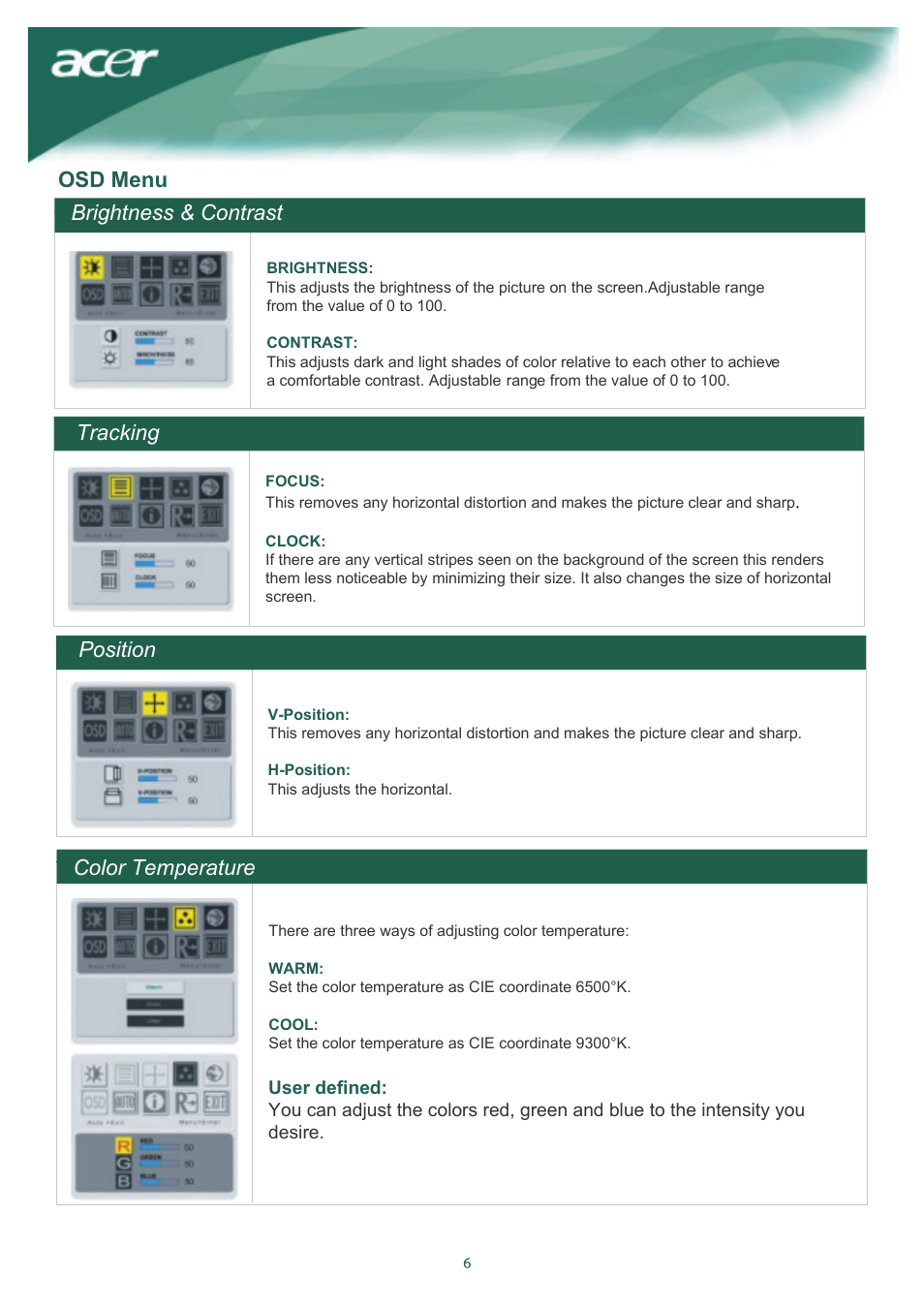 Brightness & contrast tracking, Position, Color temperature | Osd menu | Acer AL2016W User Manual | Page 7 / 12