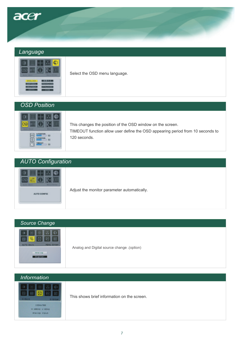 Auto configuration, Language osd position | Acer AL2016W User Manual | Page 8 / 12