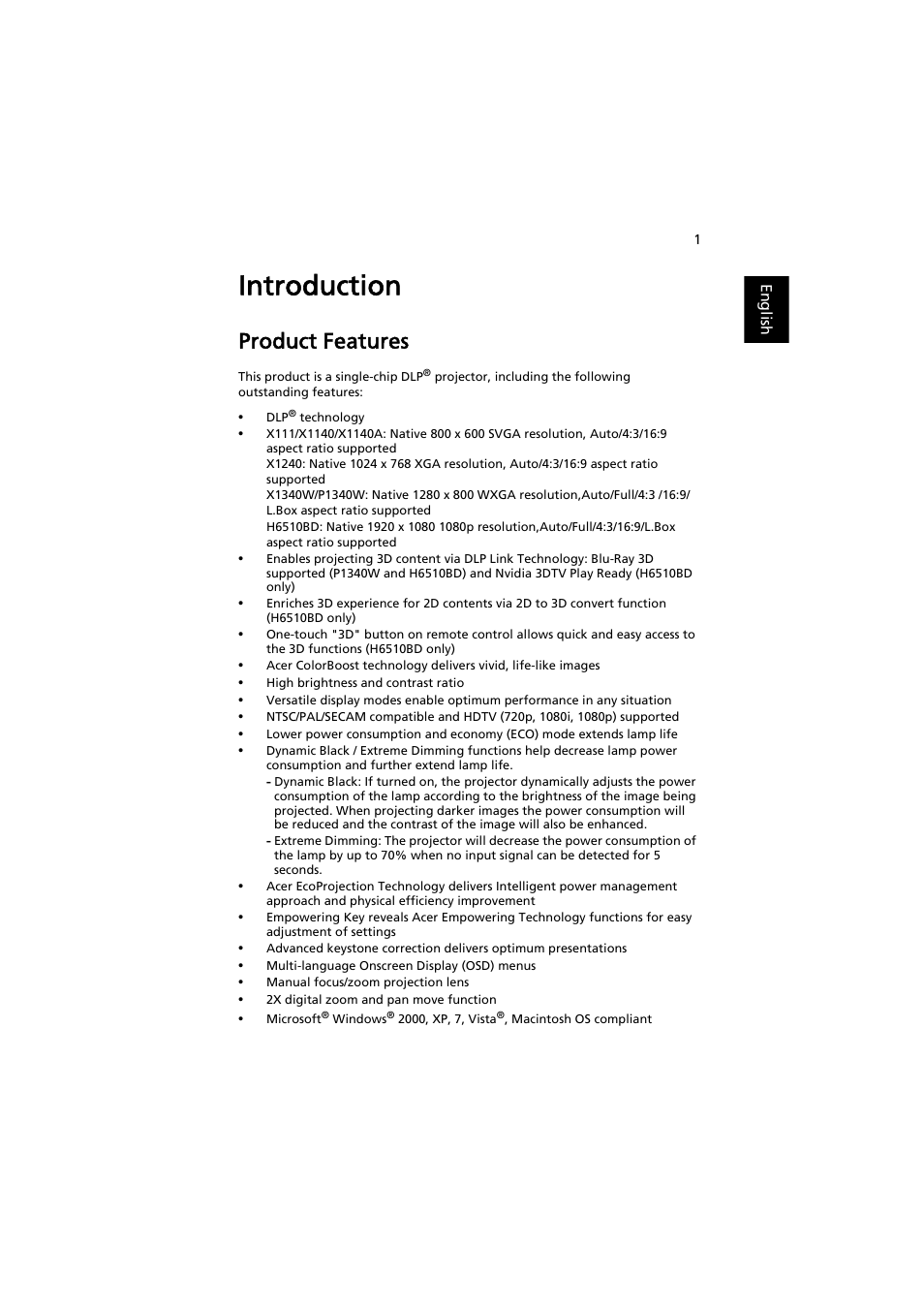 Introduction, Product features | Acer H6510BD User Manual | Page 11 / 69