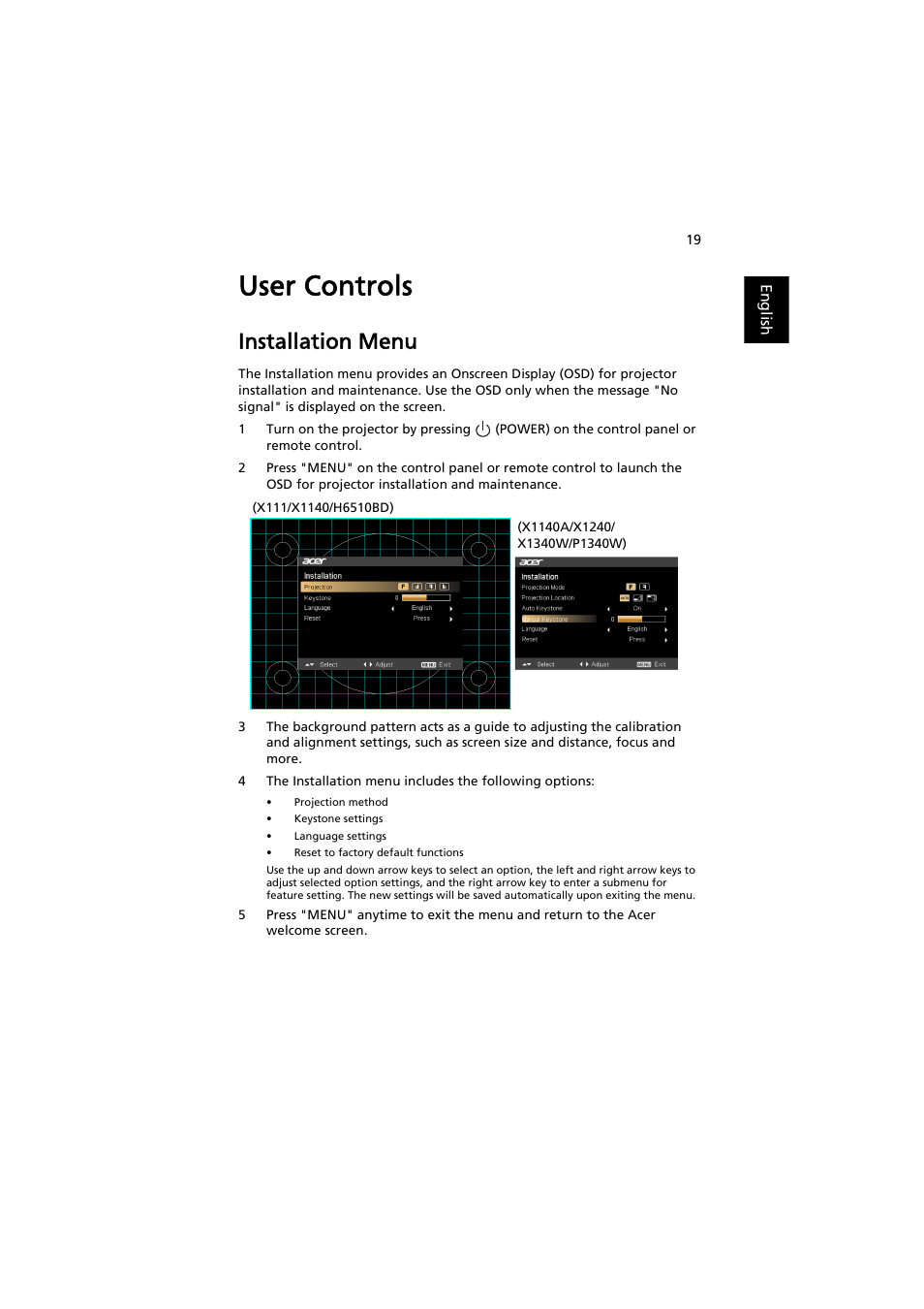 User controls, Installation menu | Acer H6510BD User Manual | Page 29 / 69