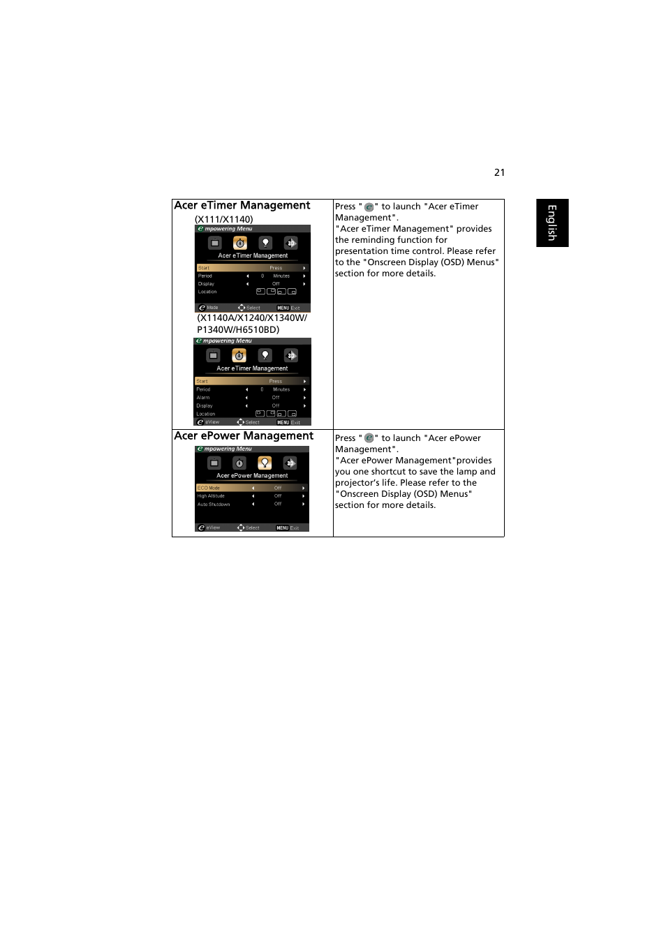 Er etimer management", "acer epower management" an | Acer H6510BD User Manual | Page 31 / 69