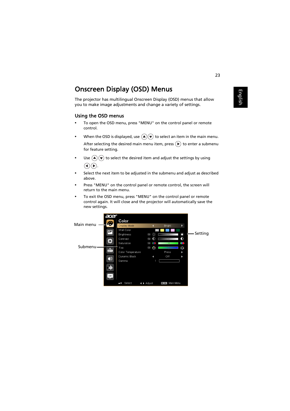 Onscreen display (osd) menus | Acer H6510BD User Manual | Page 33 / 69